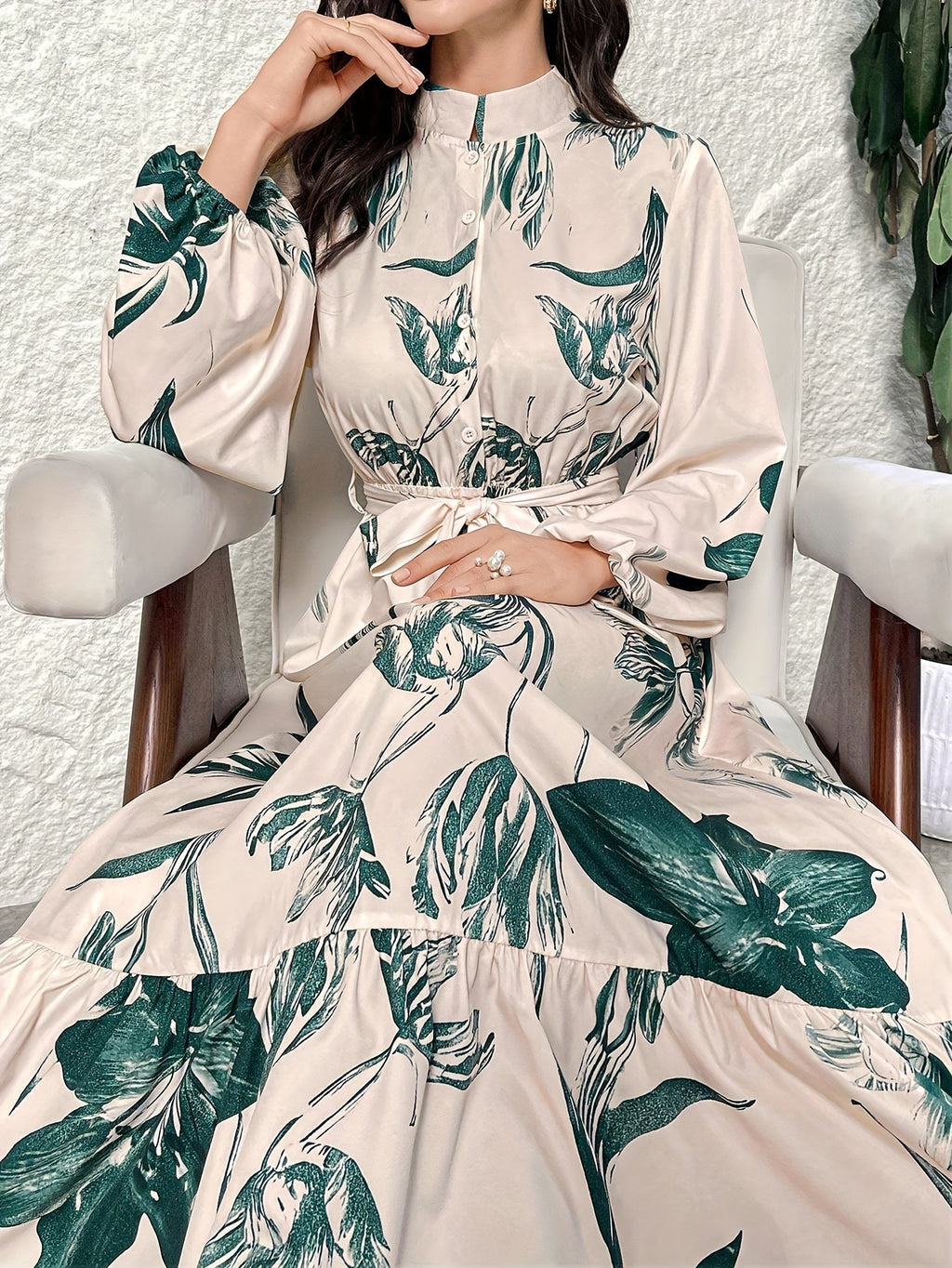 Elegant Floral Print Maxi Dress with Stand Collar - Polyester, Machine Washable, Non-Sheer - Perfect for All Seasons, Women's Fashion Kaftan Style