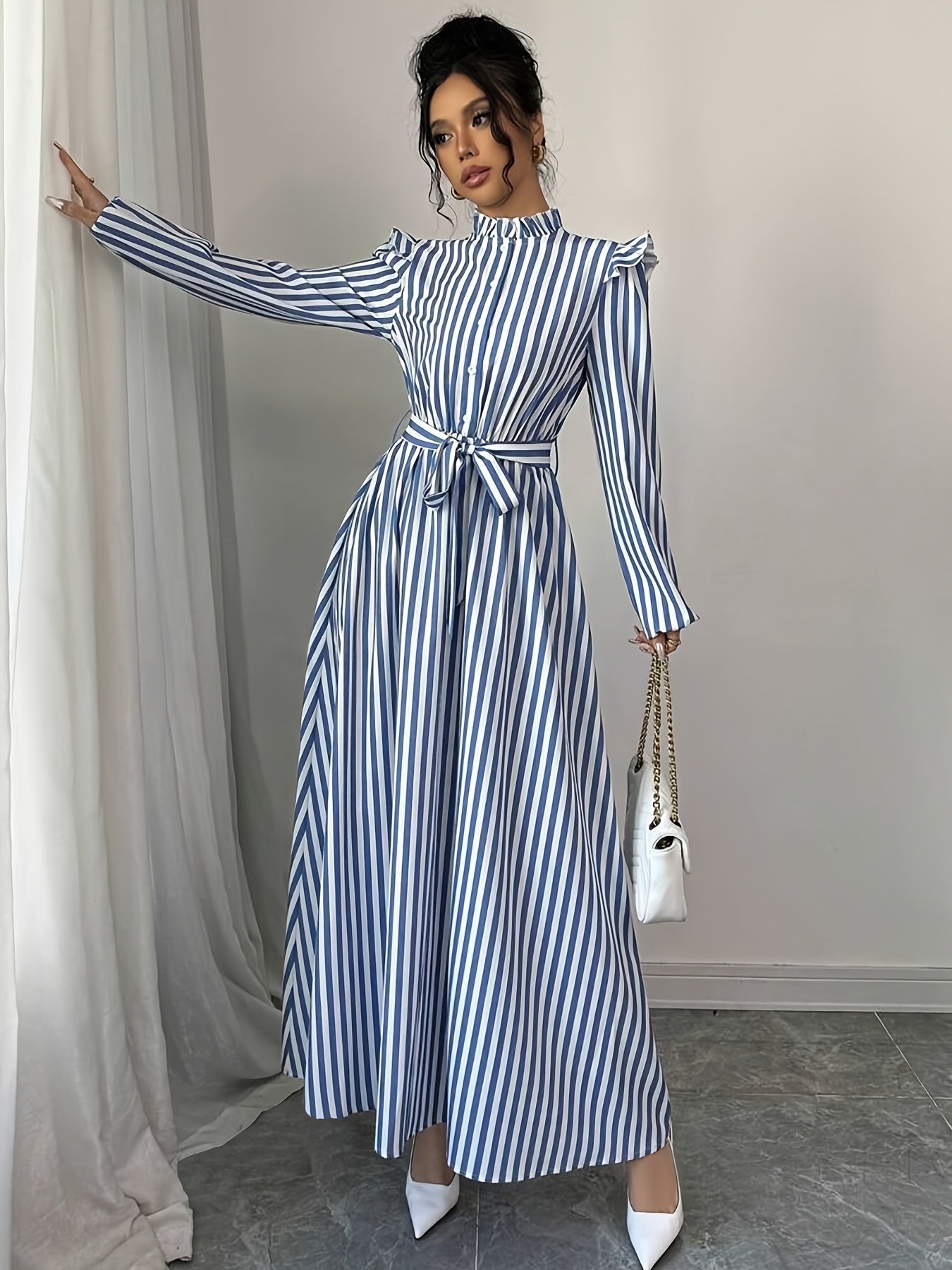 Elegant Floral Print Long Sleeve Dress with Stand Collar and Waist Detail, Polyester A-Line Maxi Dress, with Lantern Sleeves and Ruffle Hem, for Spring/Fall