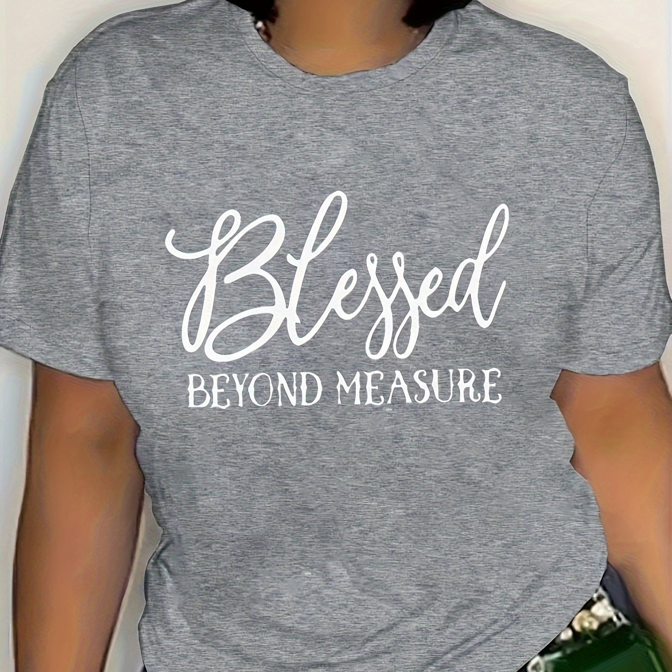 Plus Size Blessed Letter Print T-shirt, Short Sleeve Crew Neck Casual Top For Summer & Spring, Women's Plus Size Clothing