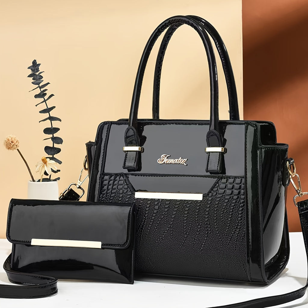 2Pcs Stylish Crocodile Print Womens Bag Set - Fashion Tote & Coin Purse - Solid Colors, Multi-layer Design for Organized Commuting
