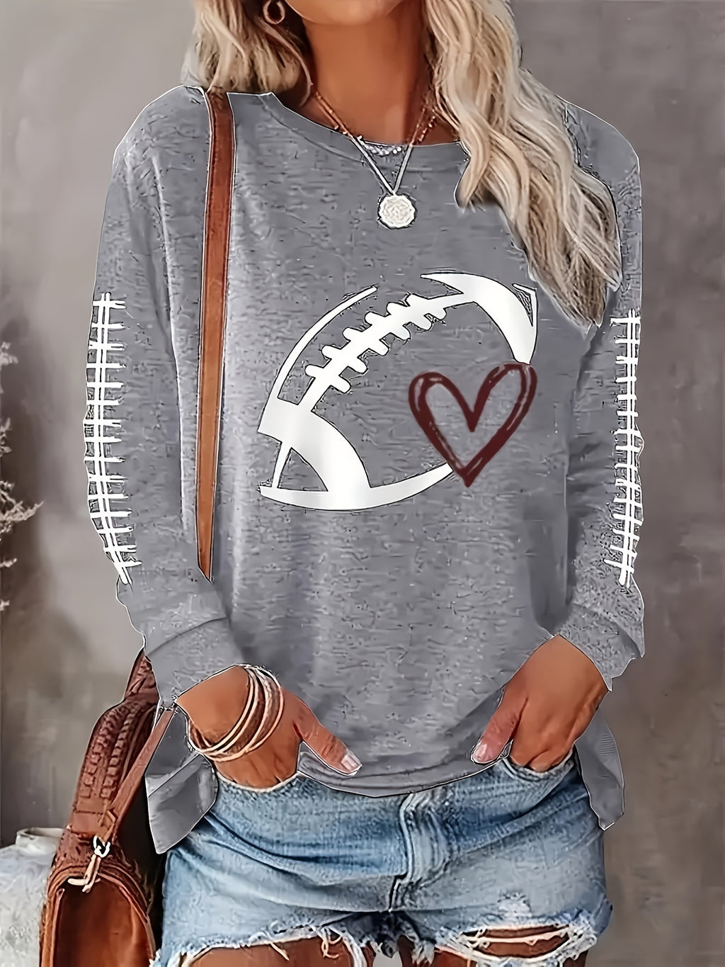 Plus Size Football Print Crew Neck T-shirt, Casual Long Sleeve Top For Spring & Fall, Women's Plus Size Clothing