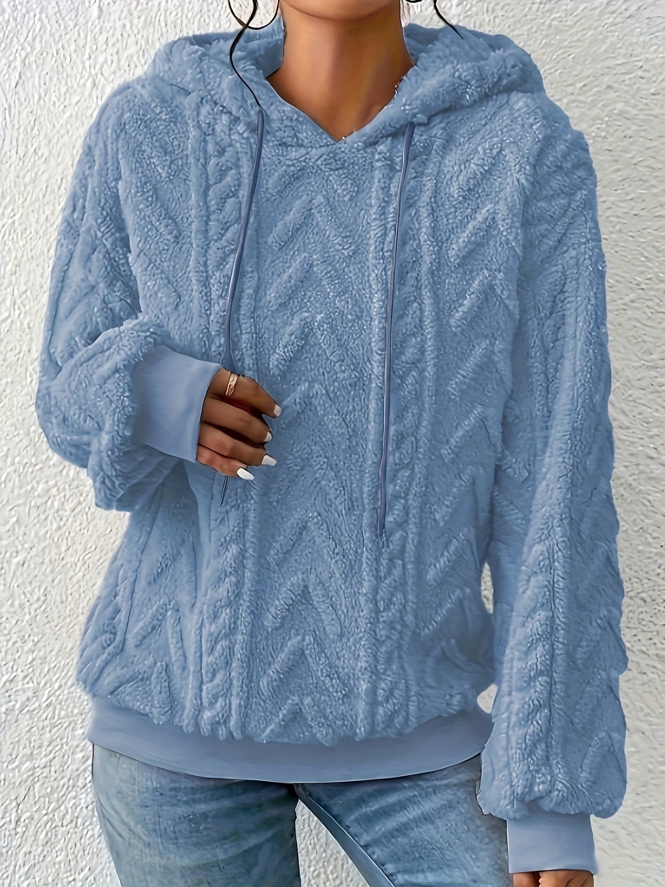 Plus Size Solid Fuzzy Hooded Sweatshirt, Casual Long Sleeve Pullover Sweatshirt, Women's Plus Size Clothing