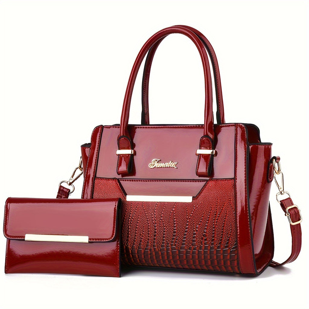 Classic Solid Color Crocodile Pattern Handbag with Clutch Purse, Textured Bags for Wo