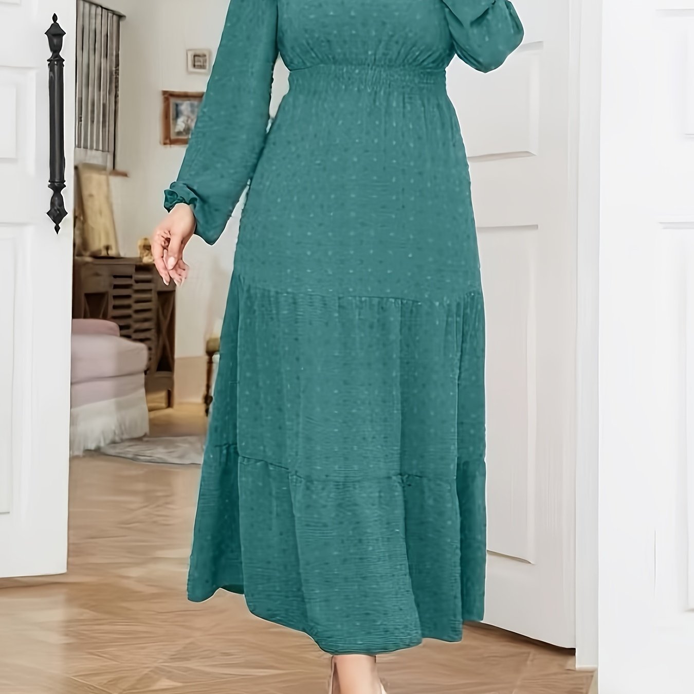 High Waist Tiered Dress, Elegant Solid Long Sleeve Maxi Dress, Women's Clothing