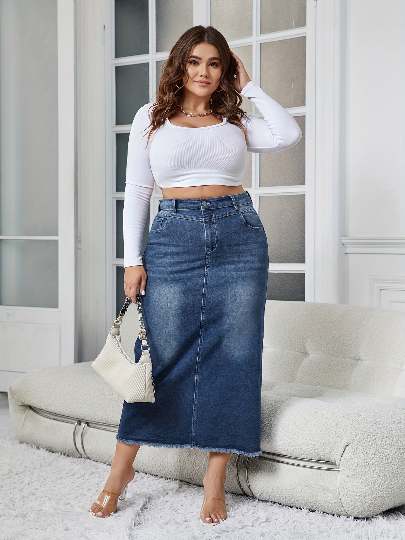 Women's Elegant Denim Skirt, Plus Size Washed Raw Trim Button Fly High Rise High Stretch Midi Denim Skirt