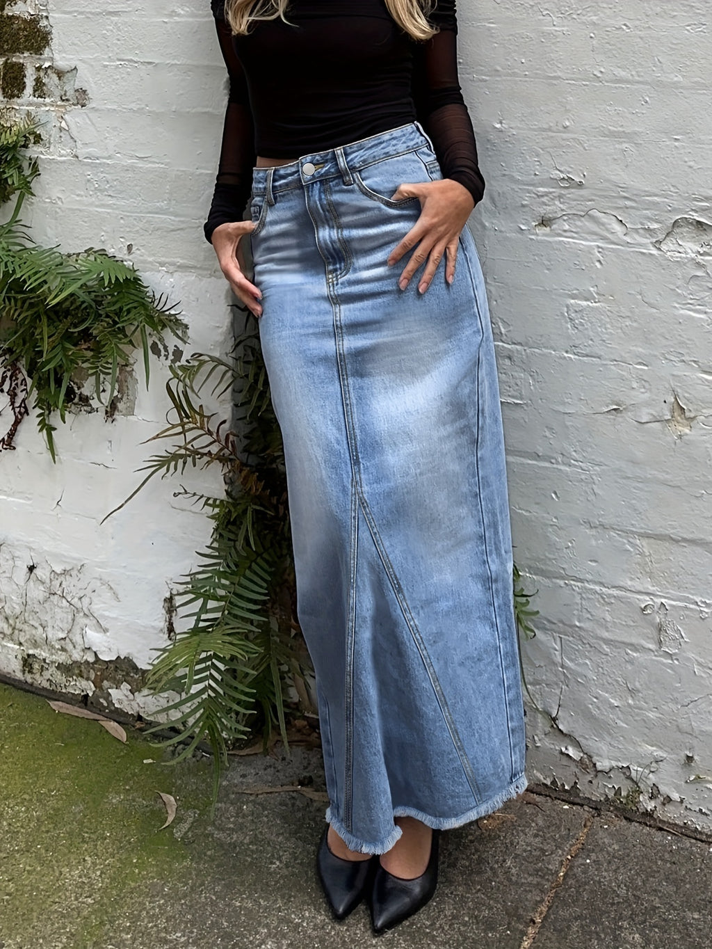 Raw Hem Slash Pocket Maxi Denim Skirt, Plain Washed Blue Whiskering Denim Skirt, Women's Denim Jeans & Clothing