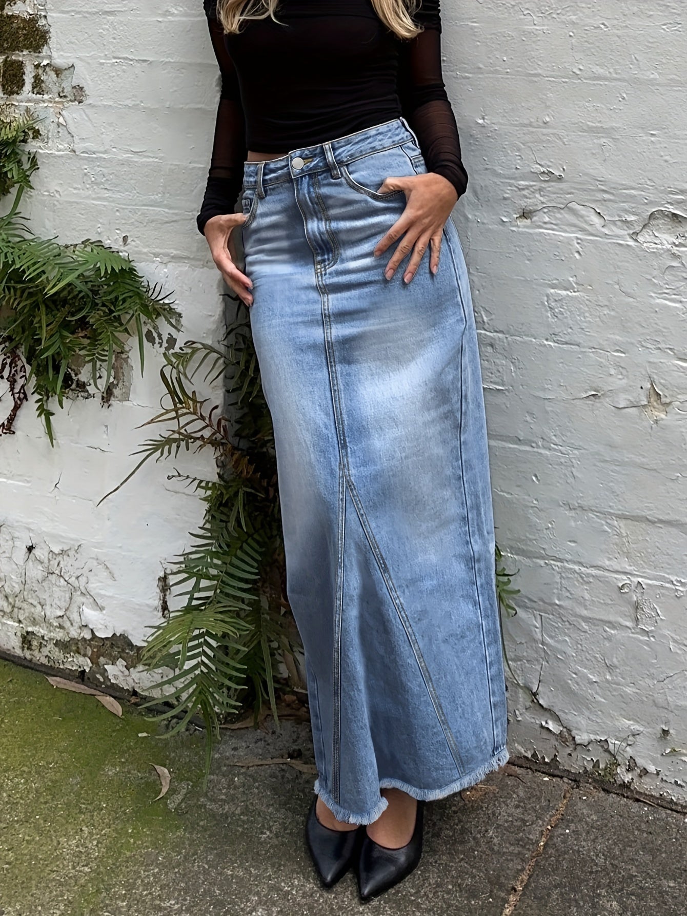 Raw Hem Slash Pocket Maxi Denim Skirt, Plain Washed Blue Whiskering Denim Skirt, Women's Denim Jeans & Clothing
