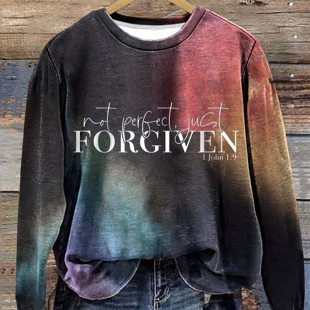Cozy Plus Size FORGIVEN Print Pullover Sweatshirt - Soft, Casual, Long Sleeve Crew Neck Design for Fall & Winter - Women's Comfortable Plus Size Clothing for Everyday Wear