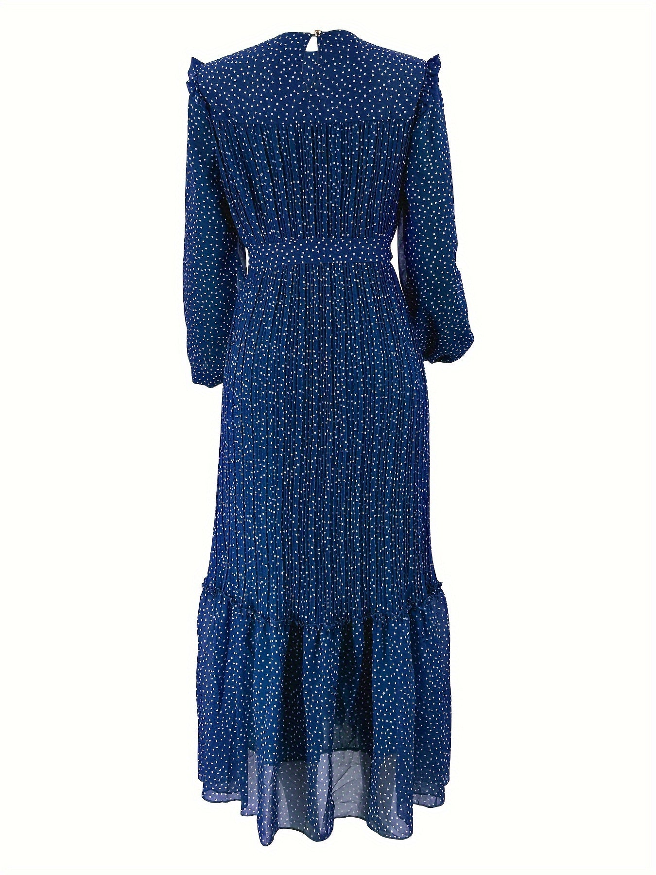 Stunning Polka Dot Maxi Dress - Elegant Crew Neck, Long Sleeve, Ruffle Hem, Keyhole Back, Modest, Polyester, Woven, Random Print, Middle East Style, All Seasons, Non-Sheer