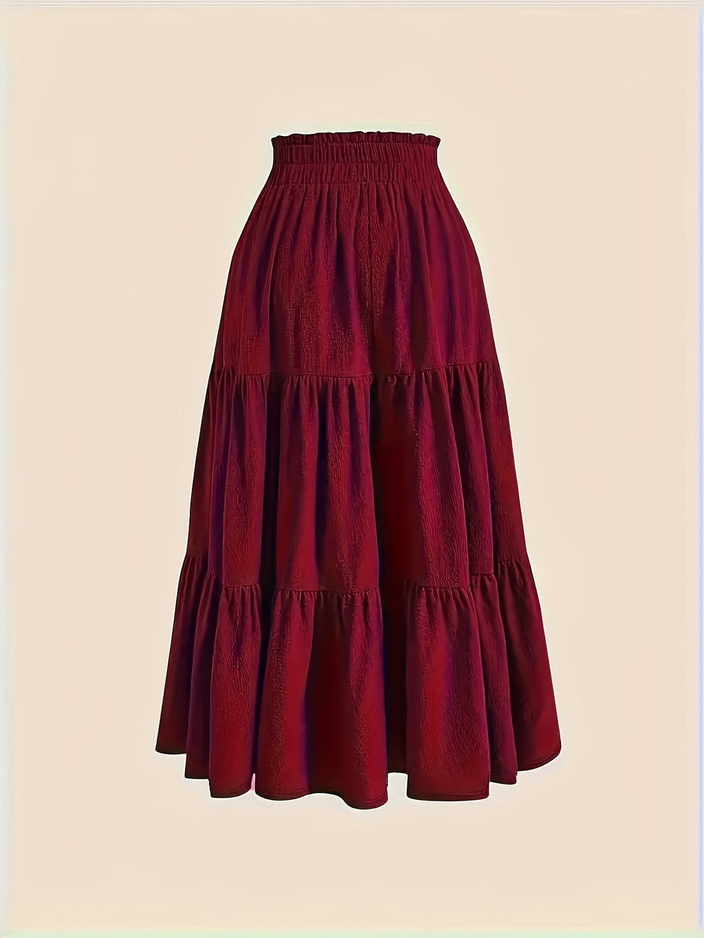 Plus Size Solid Ruched Tiered Skirt, Casual Elastic Waist Midi Skirt For Spring & Summer, Women's Plus Size Clothing