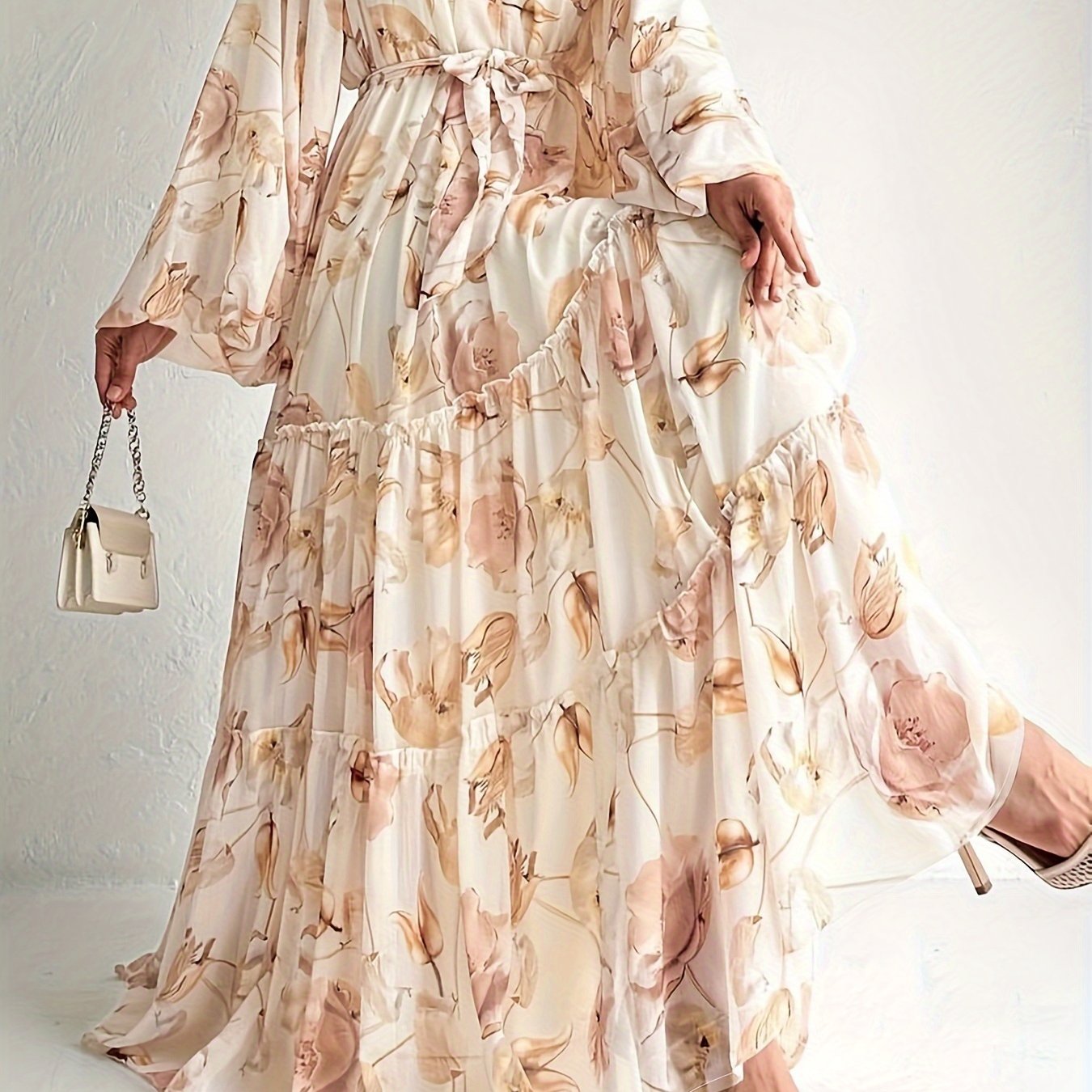 Flawless Floral Print Kaftan Maxi Dress - Flowy Crew Neck, Belted Waist, Luxurious Long Sleeves - A Stylish & Elegant Womens Clothing Choice for All Seasons