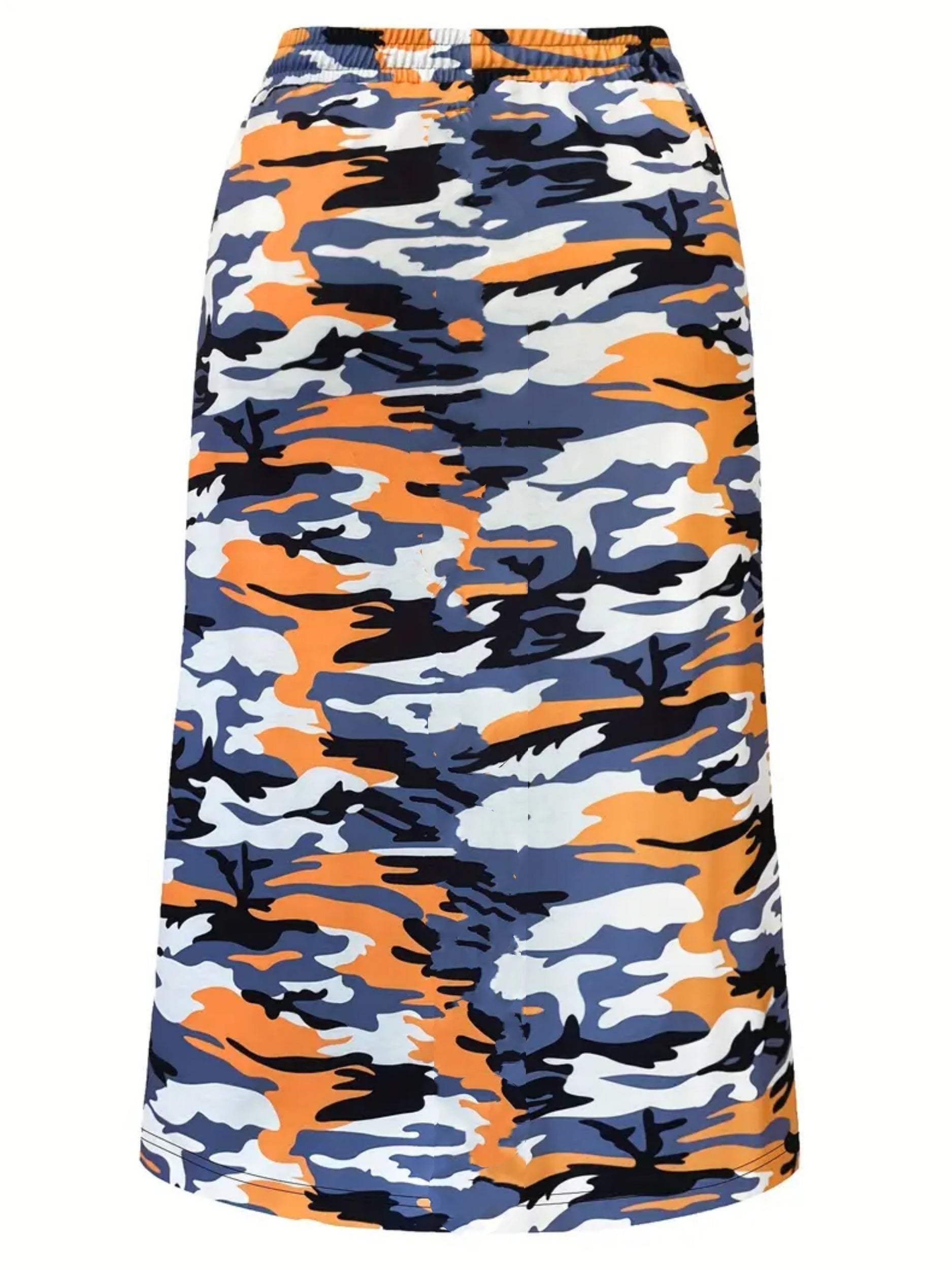 Plus Size Camo Print Skirt, Casual Drawstring Waist Skirt For Spring & Summer, Women's Plus Size Clothing