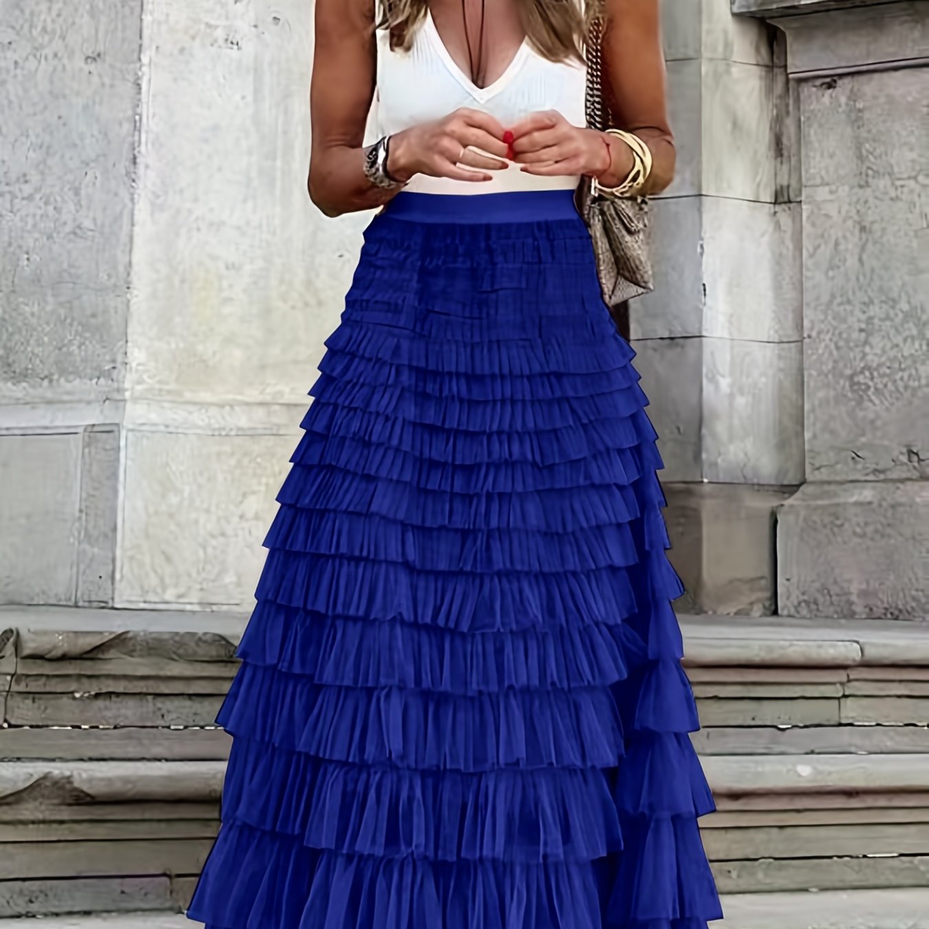 Mesh Layered Hem Skirt, Boho High Waist Skirt, Women's Clothing