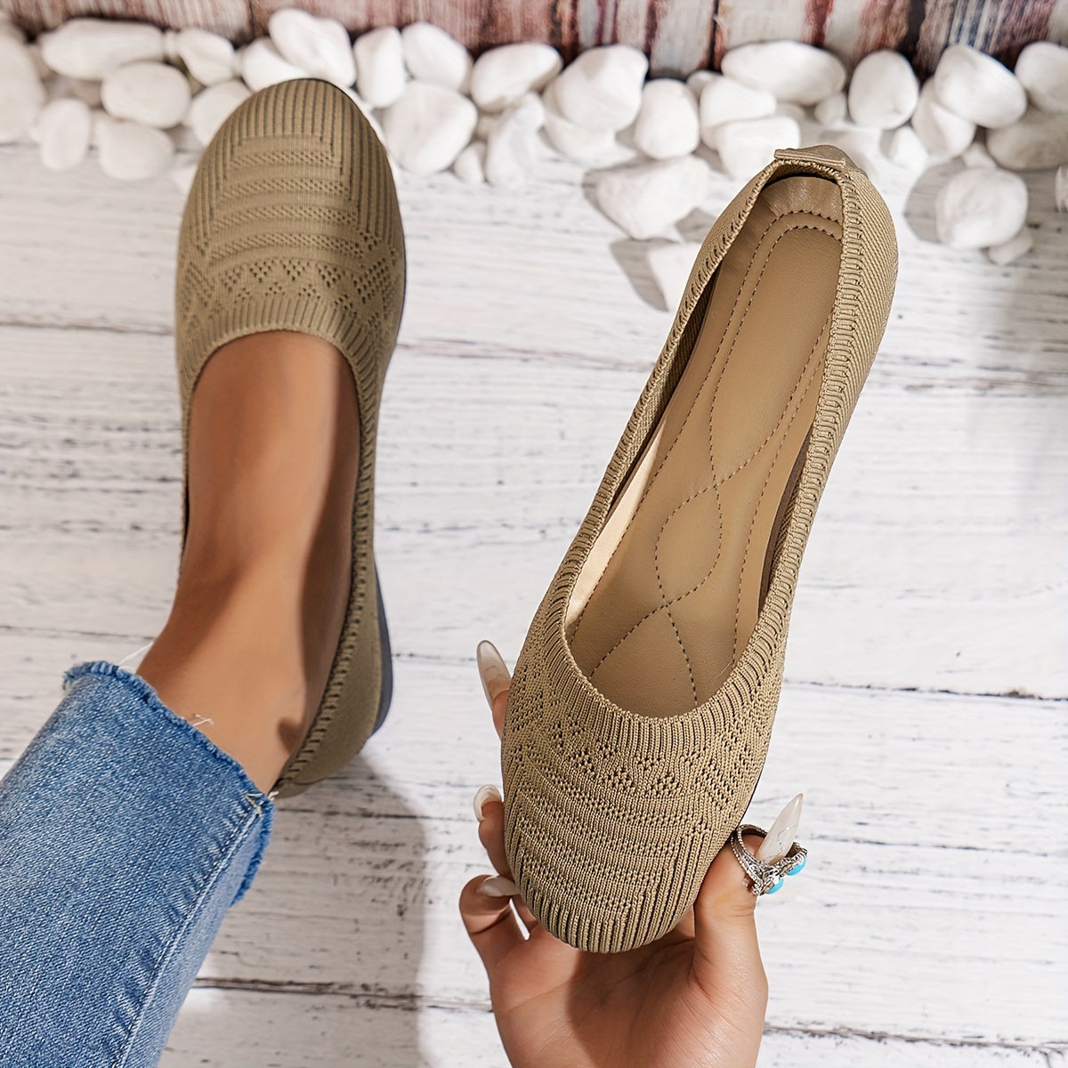 Women'S Light Blue Knit Slip-On Flats with Ankle Strap - Round Toe Casual Shoes, Comfortable Fabric Upper & Synthetic Cover Lining, All-Season Versatile for Casual Attire, Ladies Shoes