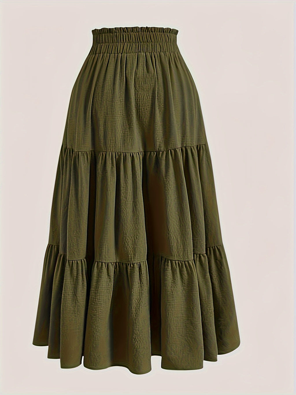 Plus Size Solid Ruched Tiered Skirt, Casual Elastic Waist Midi Skirt For Spring & Summer, Women's Plus Size Clothing