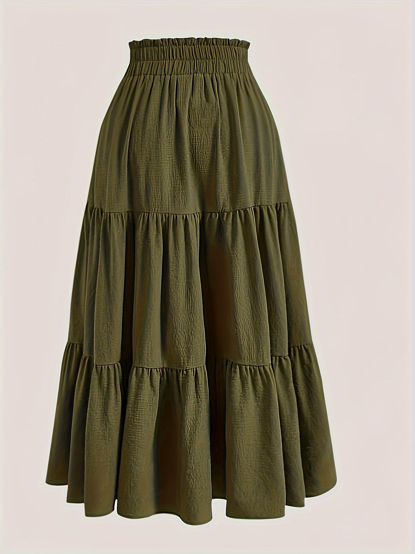 Plus Size Solid Ruched Tiered Skirt, Casual Elastic Waist Midi Skirt For Spring & Summer, Women's Plus Size Clothing