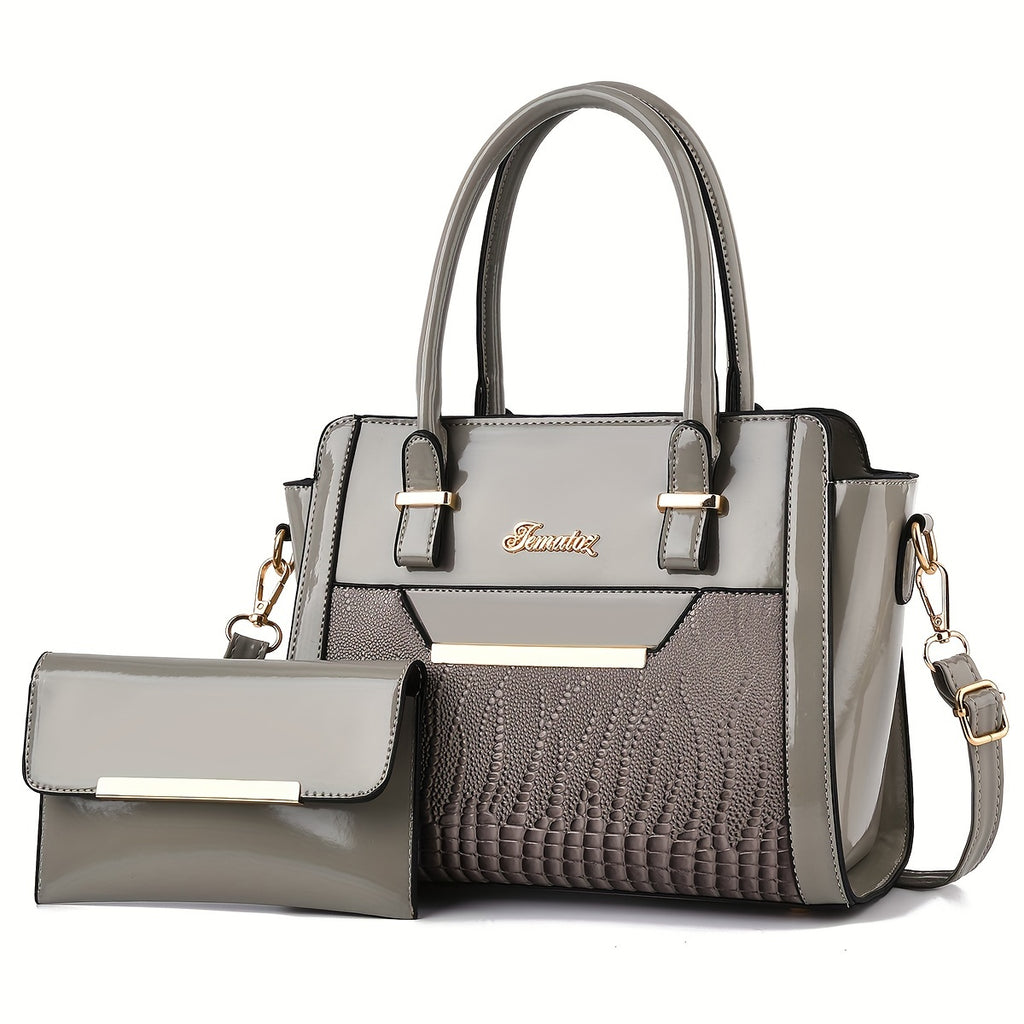 Classic Solid Color Crocodile Pattern Handbag with Clutch Purse, Textured Bags for Wo