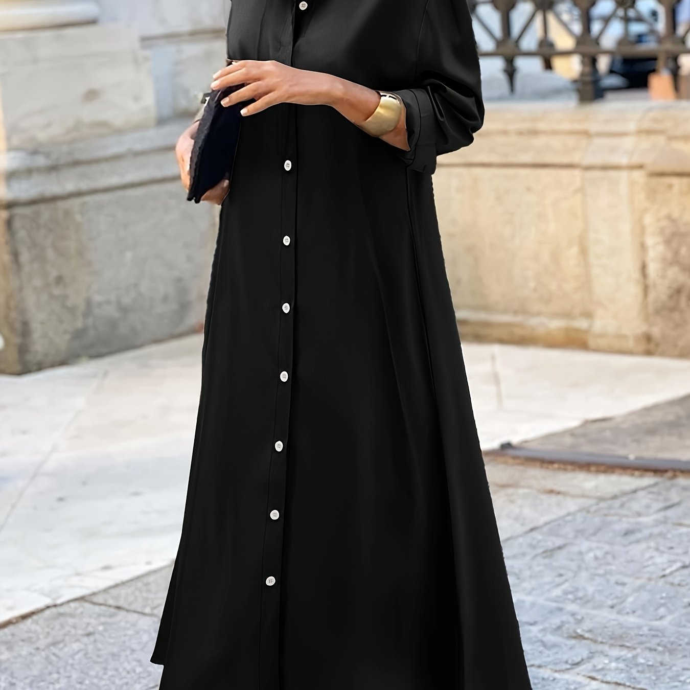 Stylish Plus Size Button Front Polo Collar Long Sleeve Dress - Women's Plus Size Clothing, Casual Solid Color Dresses for Work or Daily Wear - Easy to Match and Comfortable to Wear