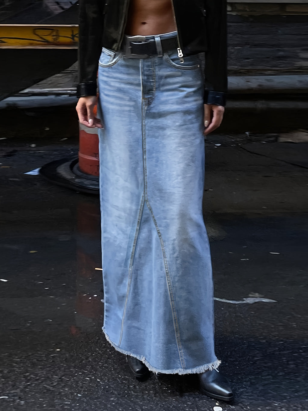 Raw Hem Slash Pocket Maxi Denim Skirt, Plain Washed Blue Whiskering Denim Skirt, Women's Denim Jeans & Clothing