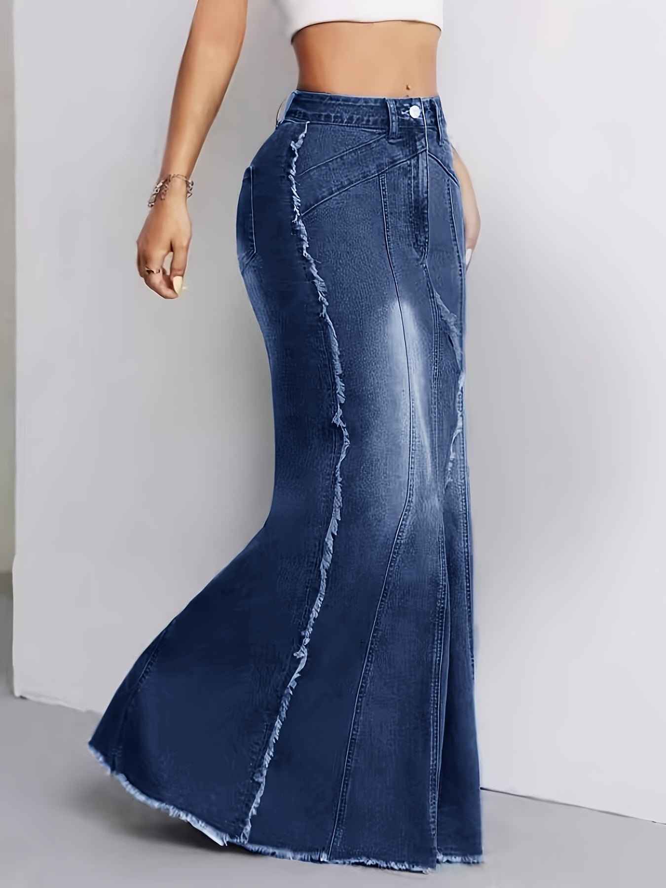 Raw Hem Washed Blue Stylish Stretchy Maxi Trumpet Denim Skirt, Women's Denim Jeans & Clothing