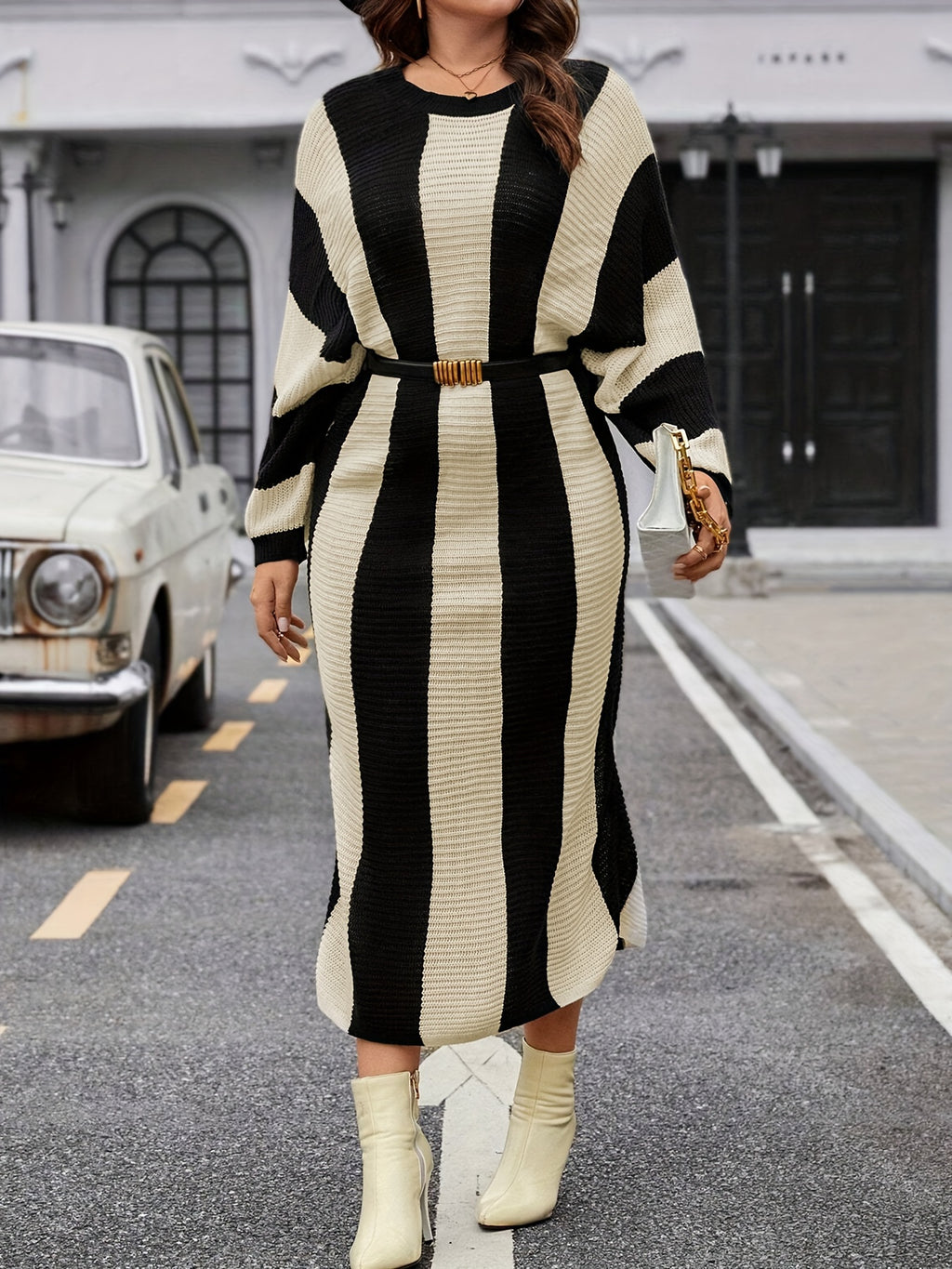 Plus Size Color Block Dress, Stylish Crew Neck Batwing Sleeve Knitted Dress, Women's Plus Size Clothing