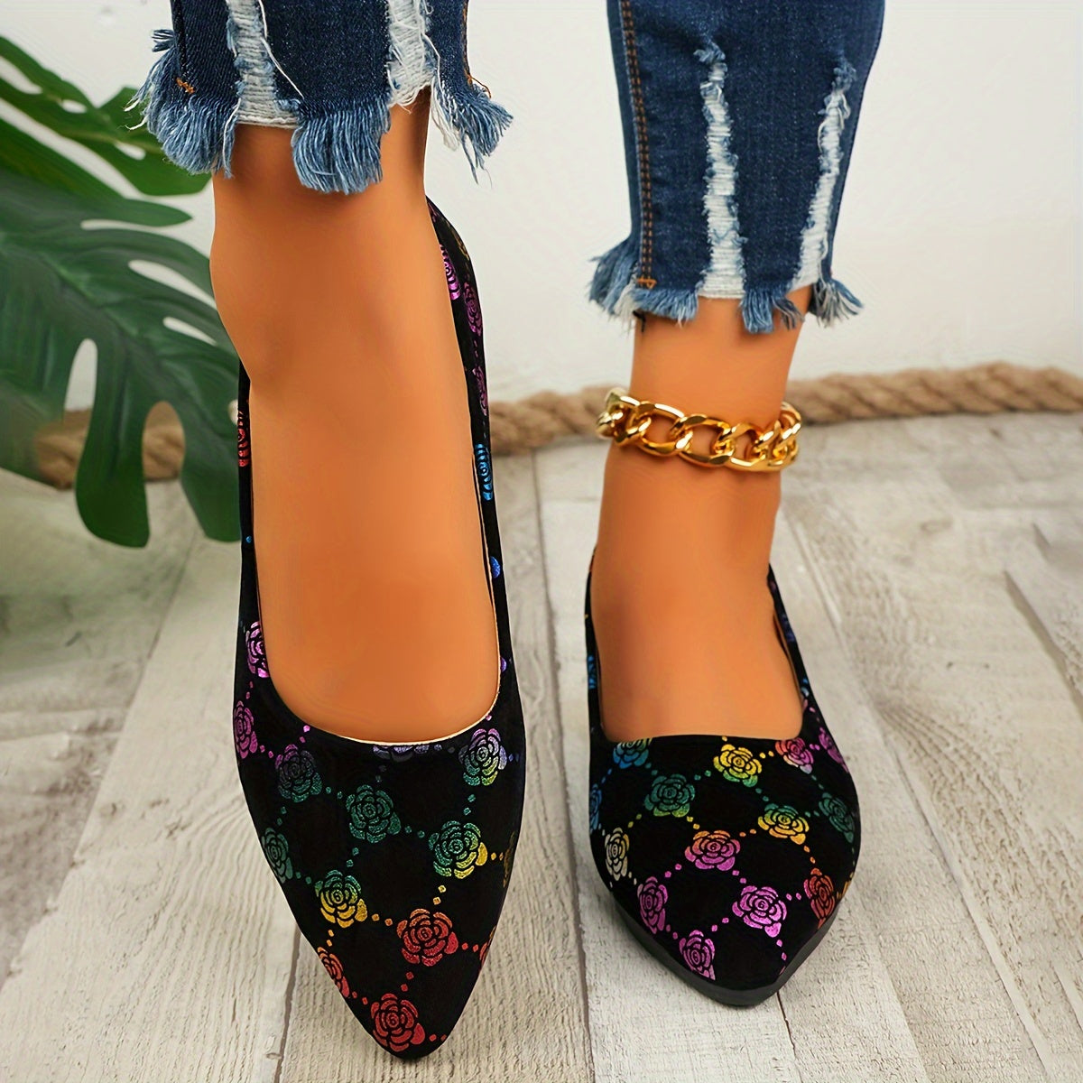 Women's Fashion Mary Jane Flats, Minimalist Floral Pattern Slip-On Shoes with Pointed Toe, Lightweight Fabric Upper, Rubber Sole, All-Season Comfort Footwear, Ladies Shoes