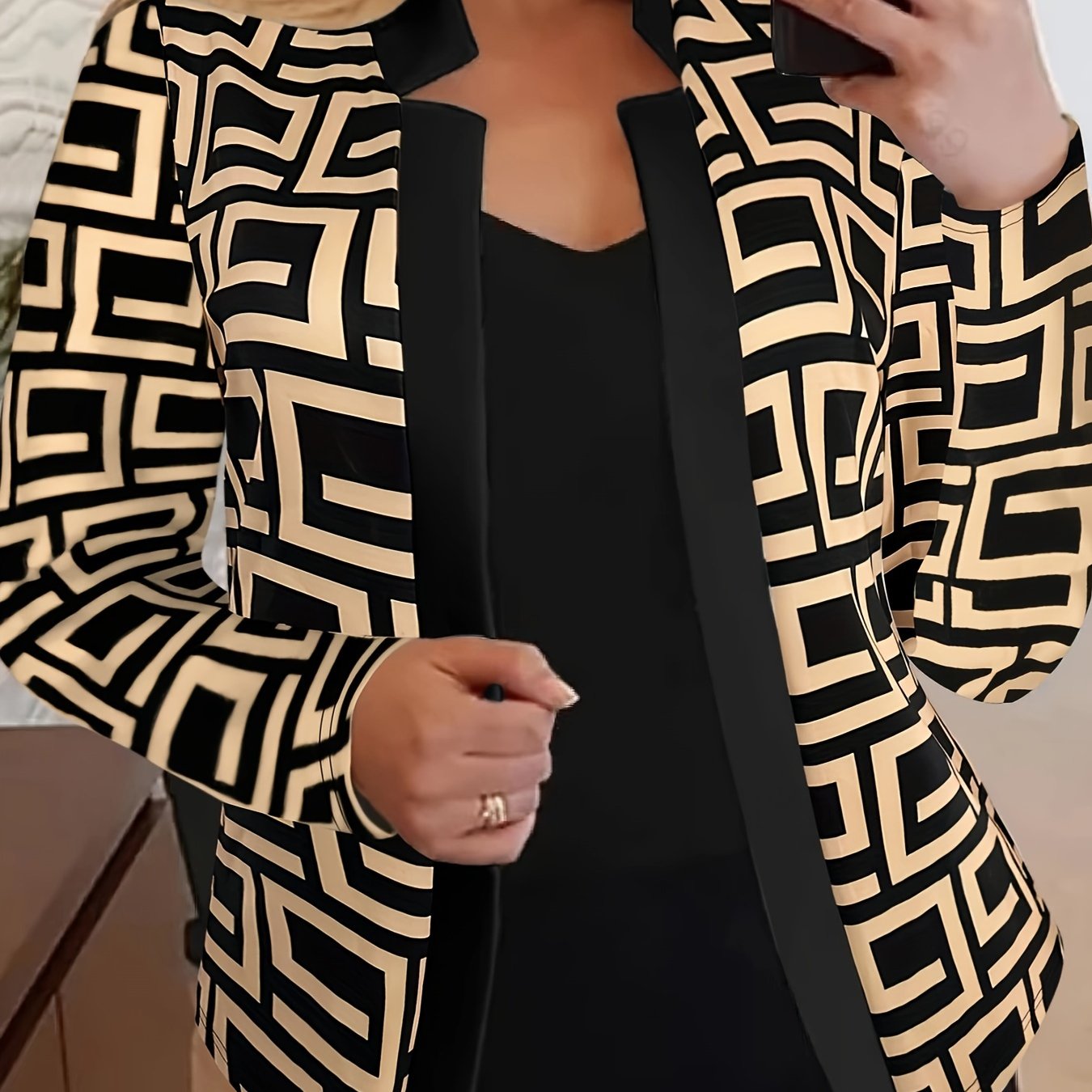 Plus Size Geometric Print Blazer, Casual Open Front Long Sleeve Blazer, Women's Plus Size Clothing