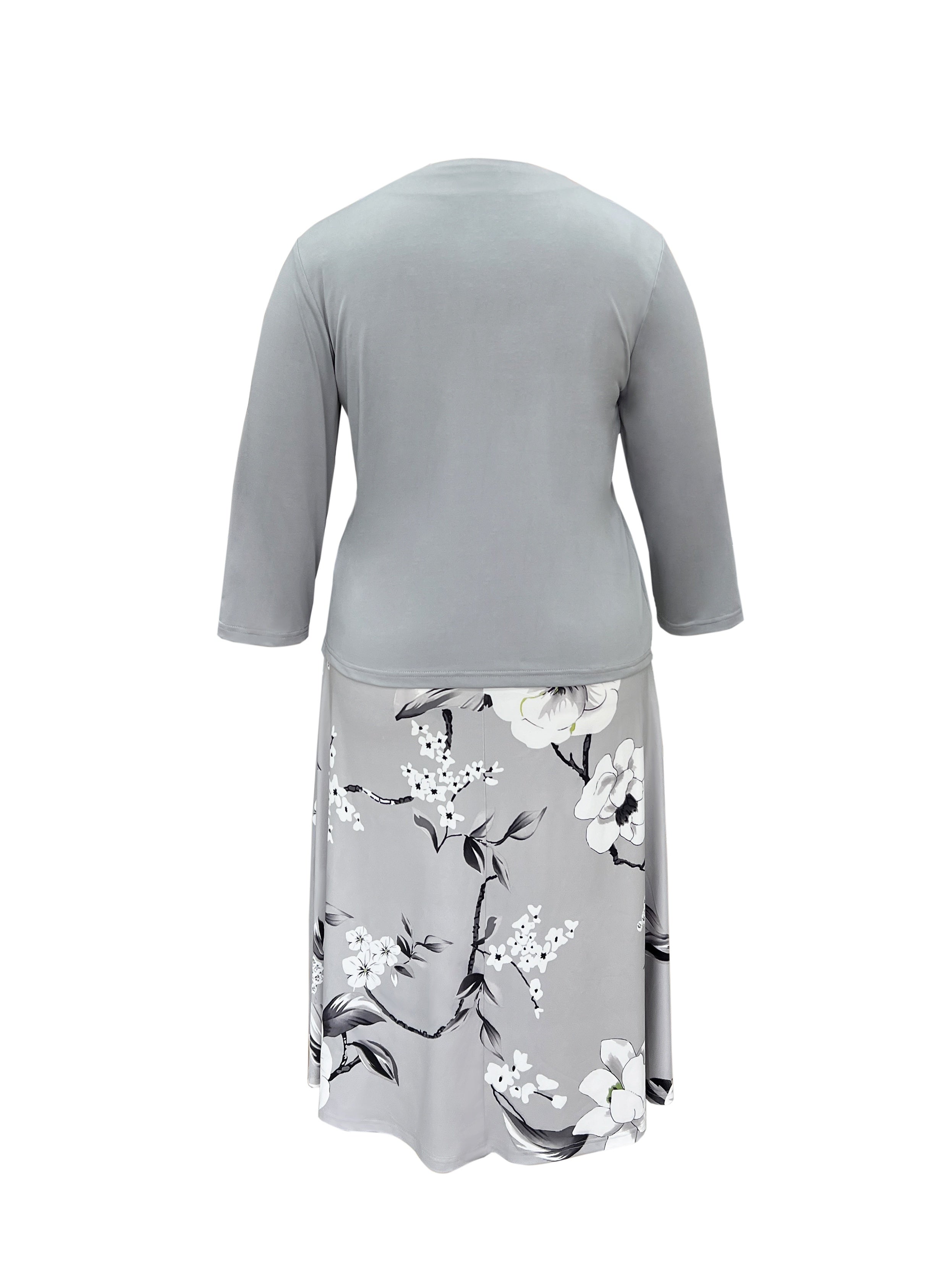 Plus Size Floral Chic Two-Piece Outfit - Crew Neck Tank Dress & 3/4 Sleeve Open Front Top - Comfortable, Relaxed Fit, Versatile, Women's Plus Size Clothing for Summer, Vacation, and Daily Wear