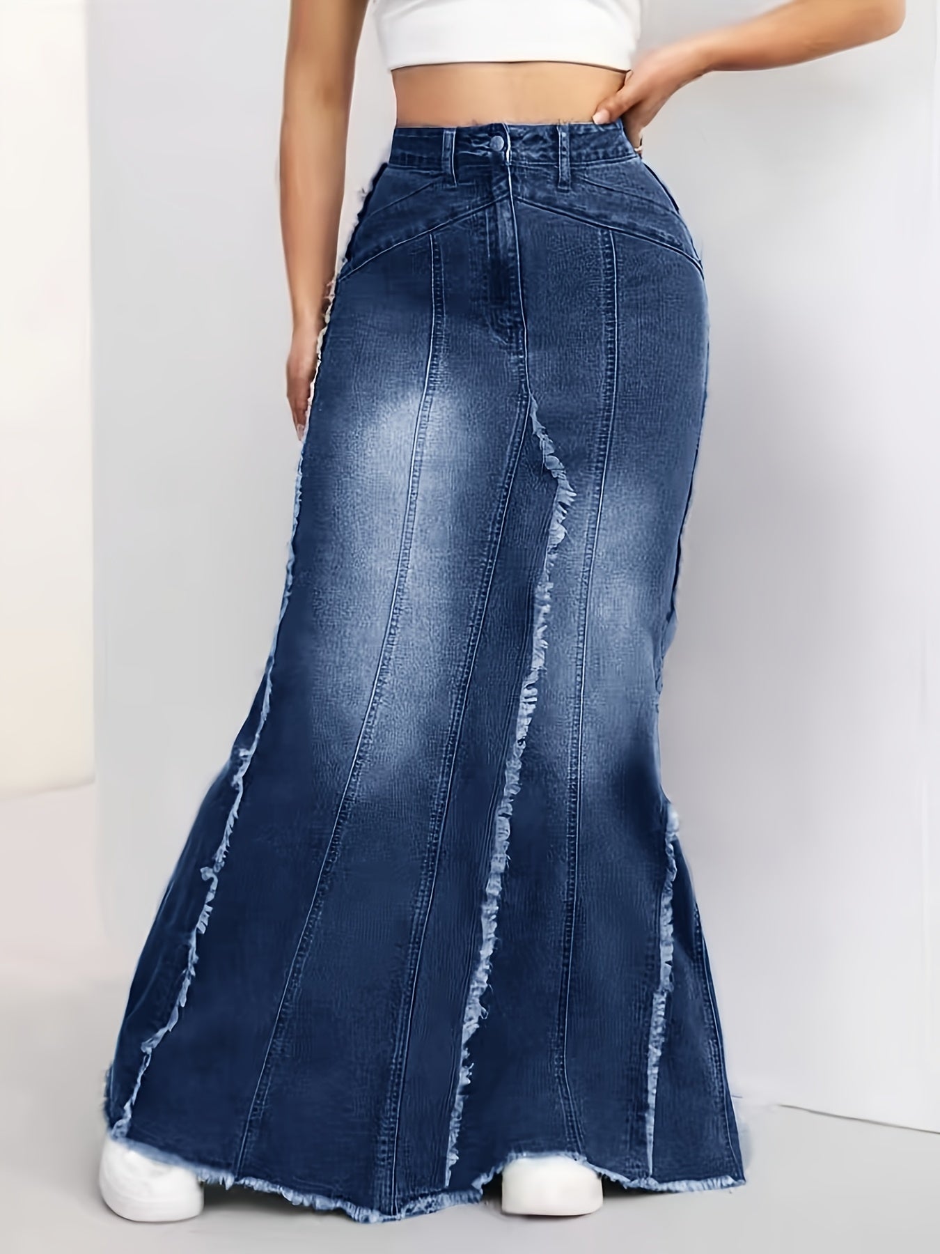 Raw Hem Washed Blue Stylish Stretchy Maxi Trumpet Denim Skirt, Women's Denim Jeans & Clothing