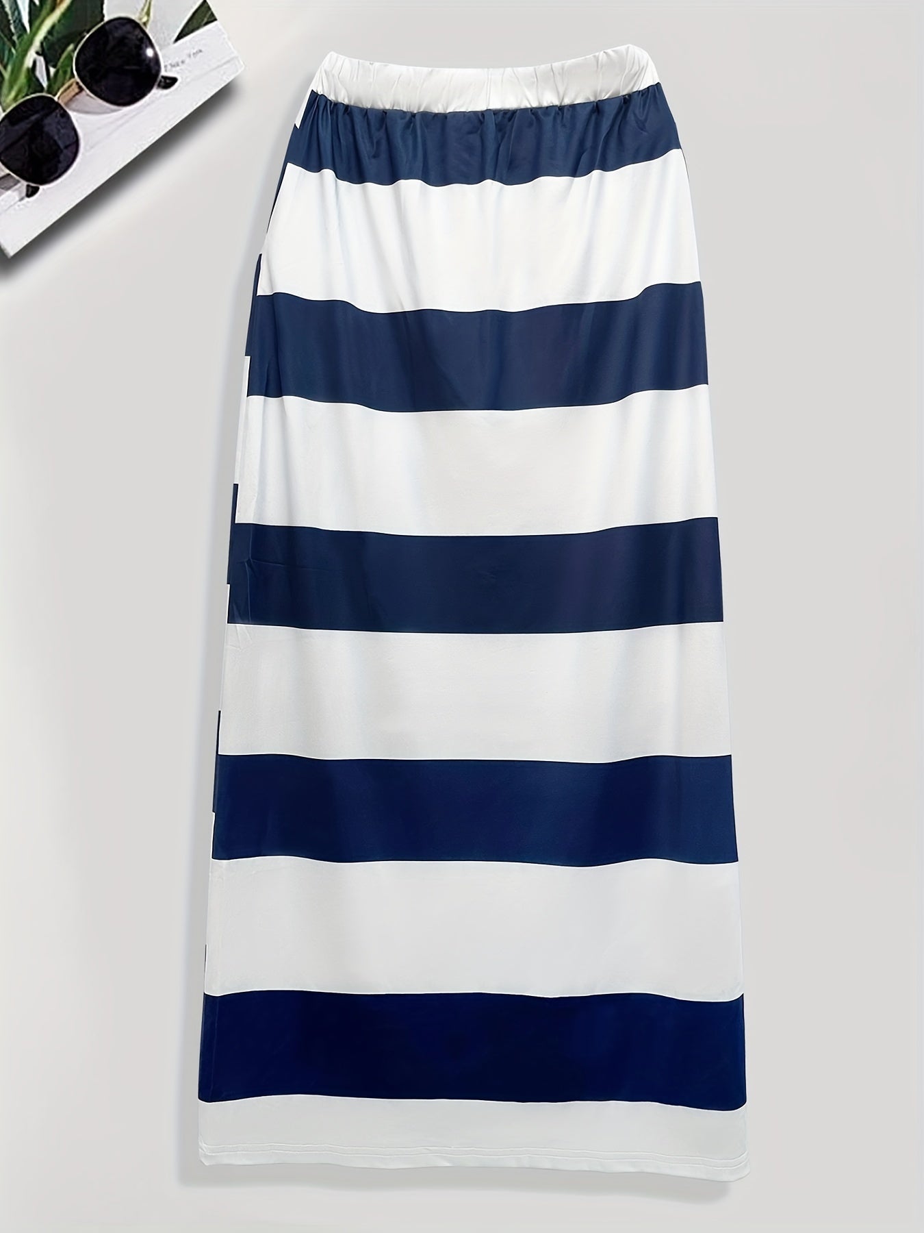 Striped Drawstring Maxi Skirt, Casual Slim Skirt For Spring & Summer, Women's Clothing