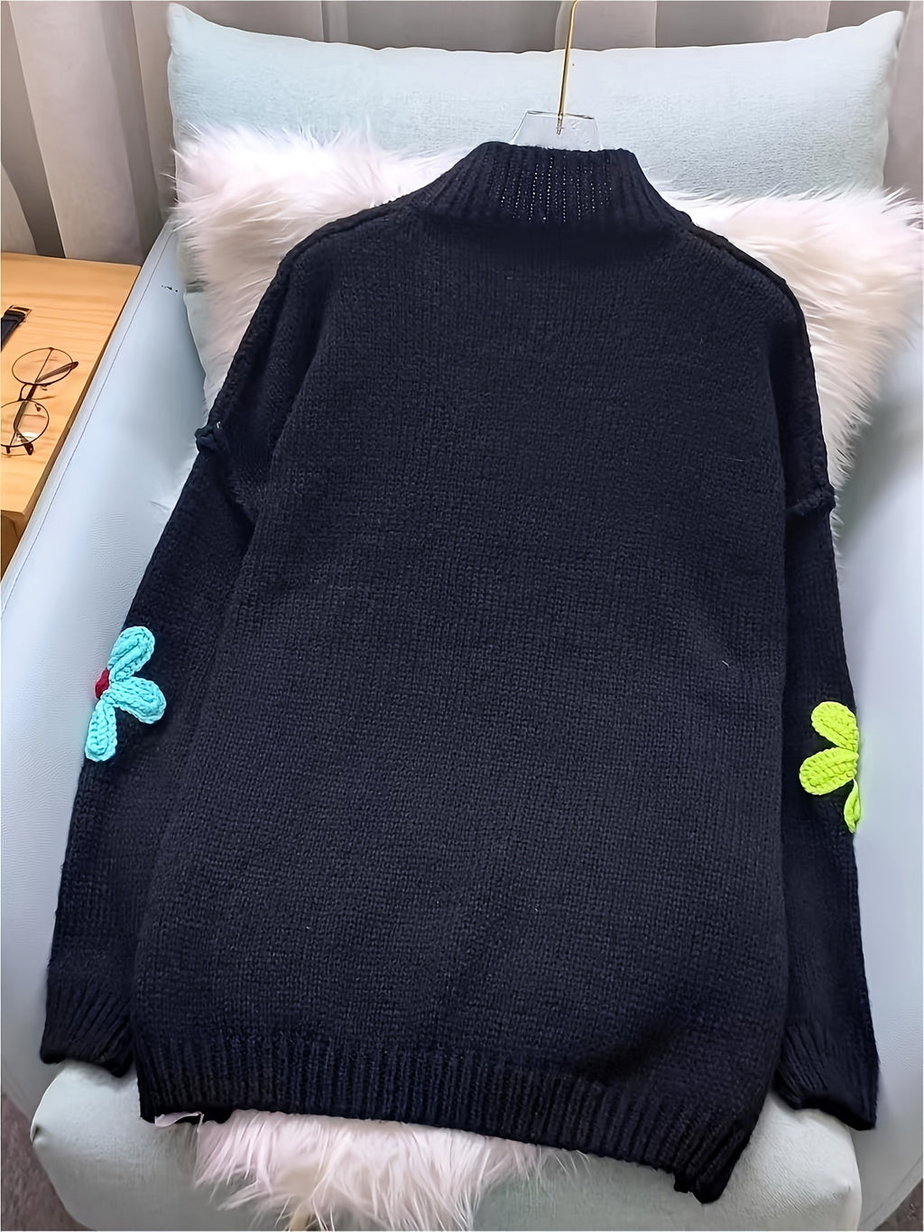Plus Size Floral Applique Knit Sweater, Casual Long Sleeve High Neck Top For Fall & Winter, Women's Plus Size Clothing