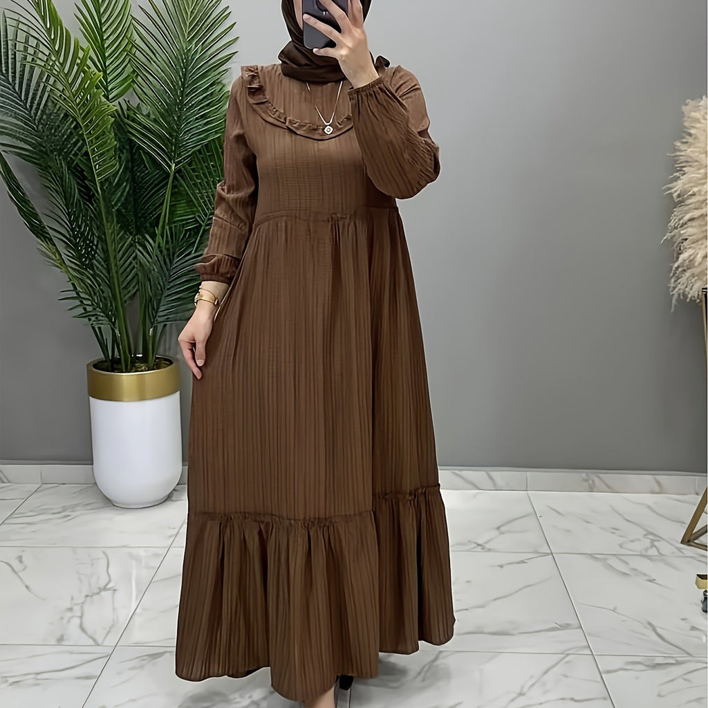 Ruched Trim Crew Neck Kaftan Dress Without Headscarf, Elegant Long Sleeve Ruffle Hem Loose Maxi Dress, Women's Clothing