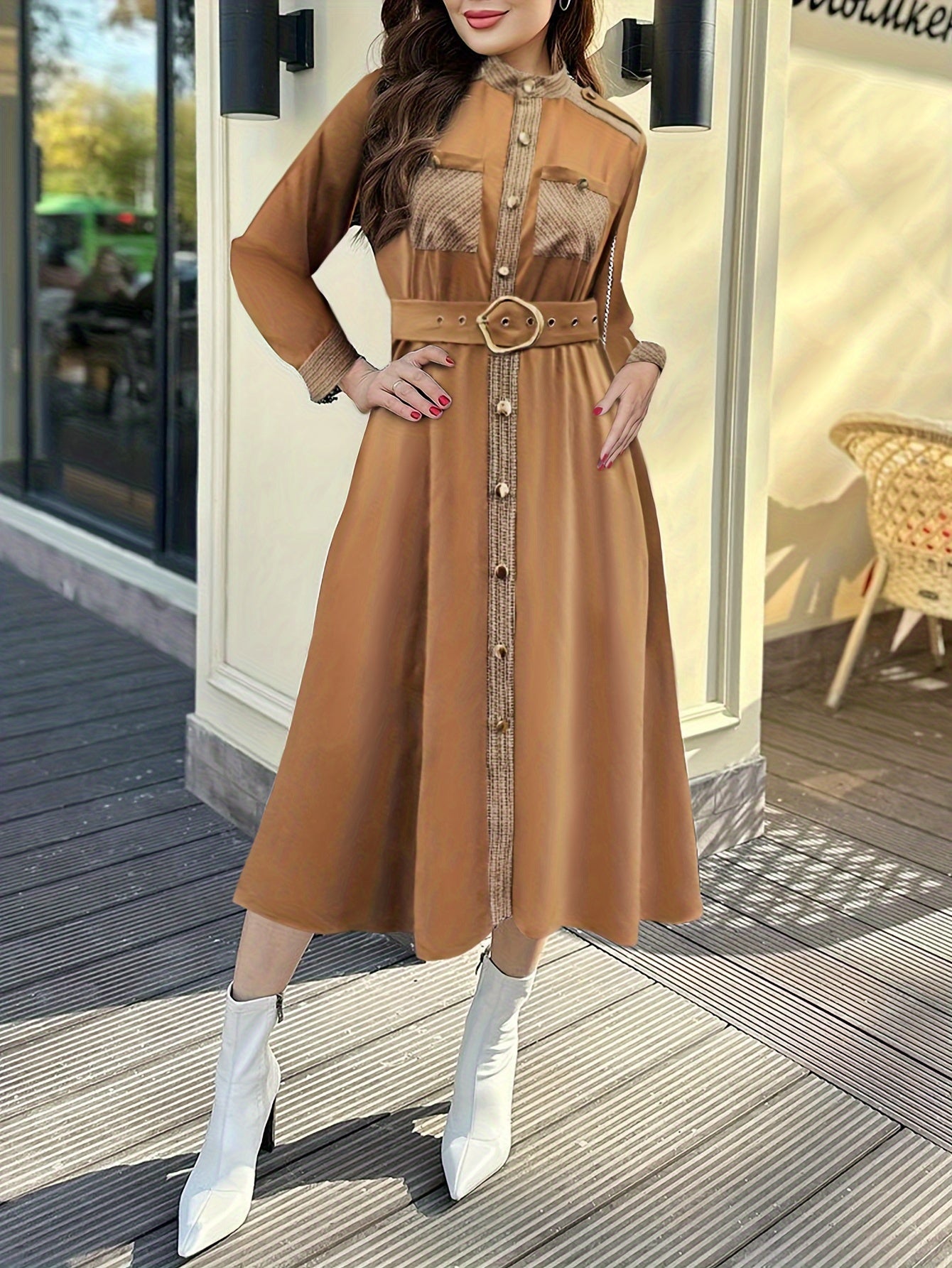 Plus Size Elegant Midi Dress - Solid Color Splicing, Long Sleeve, Mock Neck, Breast Pockets, Belted, Epaulets, Flattering Silhouette, Comfortable Wear - Women's Plus Size Clothing for Special Occasions