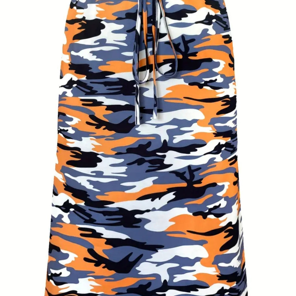 Plus Size Camo Print Skirt, Casual Drawstring Waist Skirt For Spring & Summer, Women's Plus Size Clothing