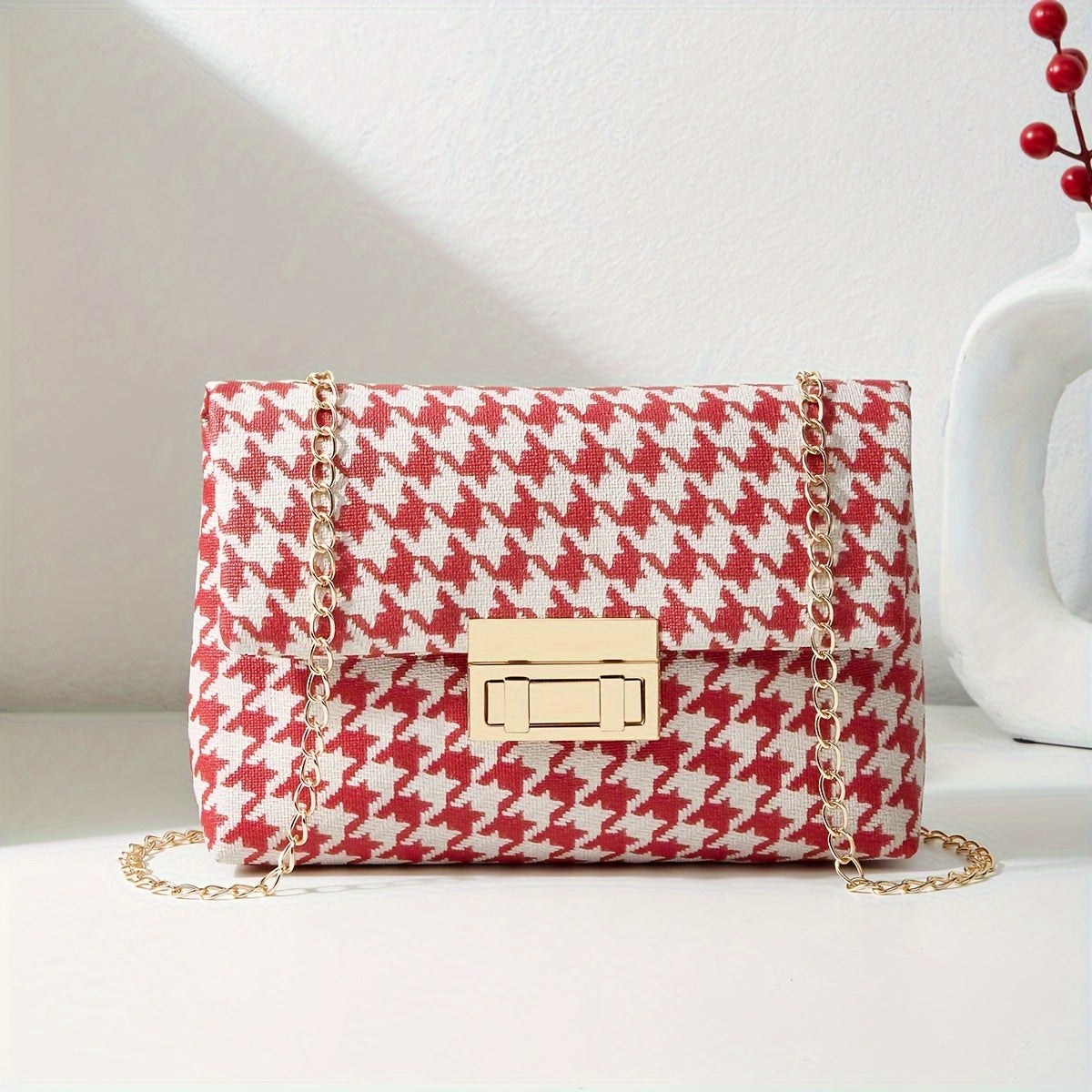 Houndstooth Crossbody Bag, Fashion Chain Shoulder Bag, Women's Flap Square Purse With Lock