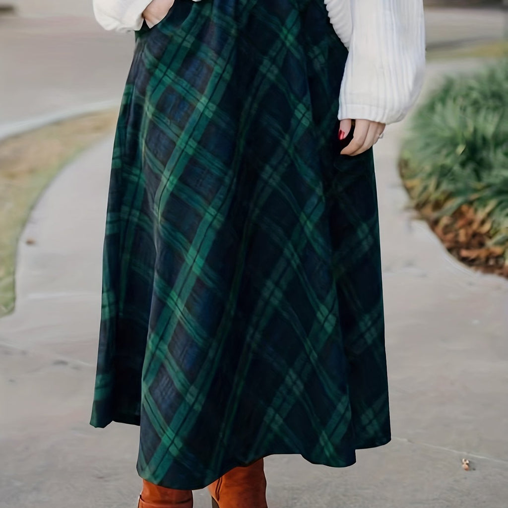 Plus Size Casual Skirt, Women's Plus Plaid Print Elastic High Rise Slight Stretch A-line Maxi Skirt With Pockets