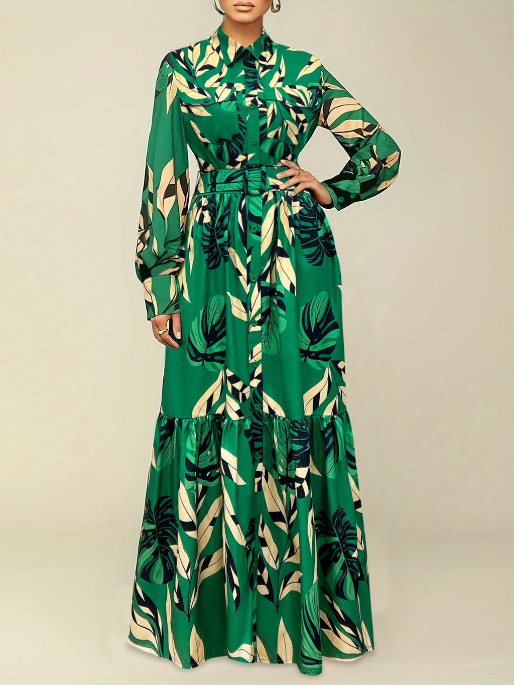 Stylish Pendulum Maxi Dress - Elegant Lapel Neck, Belted, Long Sleeve, Random Print Polyester Dress for Spring & Fall - Customized, Woven, No Elasticity, Sheer-Free