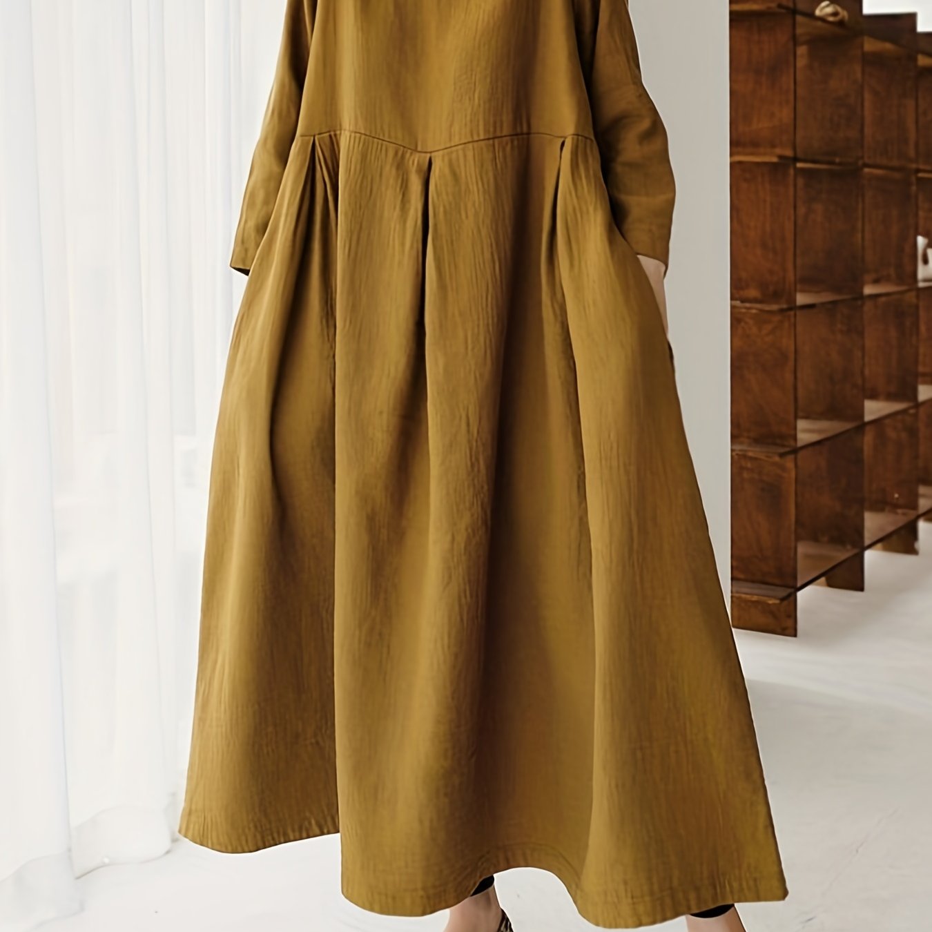 Chic Solid Maxi Dress with Pleated Hem - Flattering 3/4 Sleeves & Loose Fit - Perfect for Spring & Fall - Womens Casual Crew Neck Dress