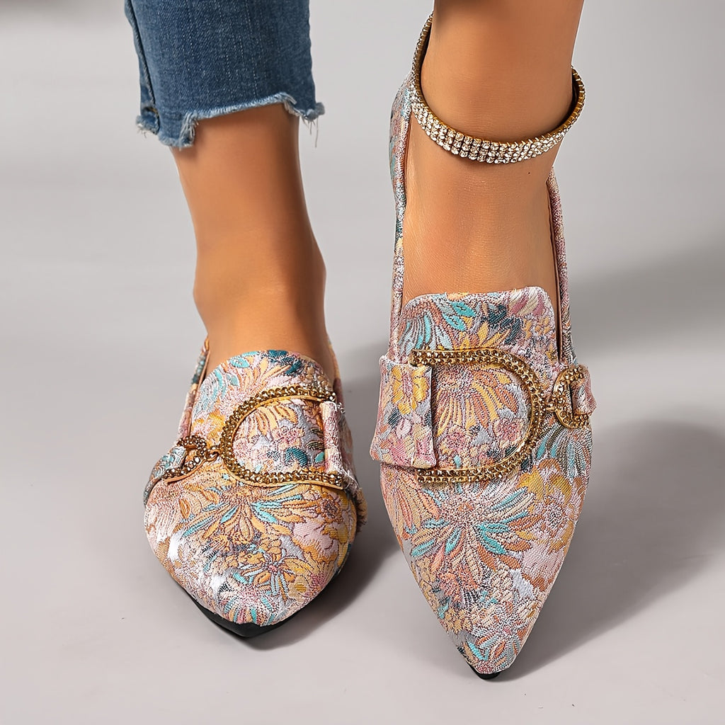 Light Blue & White Floral Design Women's Floral Embroidered Pointed-Toe Flats with Rhinestone Buckle - Soft Non-Slip Comfortable Casual Shoes, All-Season Versatile Slip-On Flats for Casual Attire, Ladies Shoes, Stylish Slipon