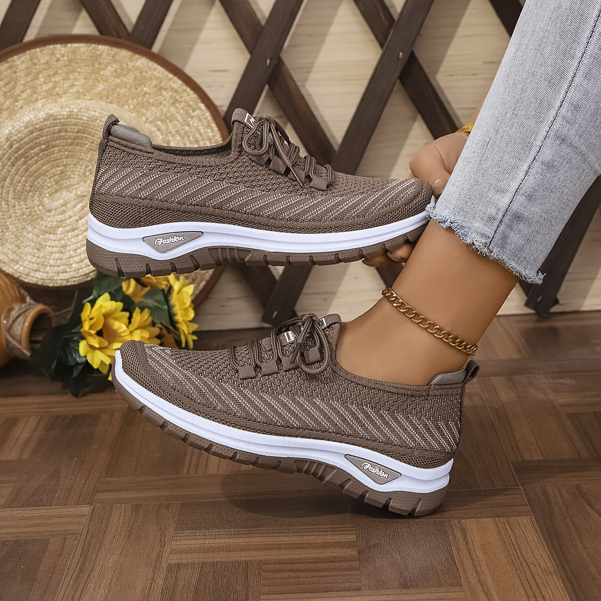 Women'S Breathable Casual Sports Shoes, Knitted Striped Pattern Lace-Up Comfortable Travel Sneakers, Outdoor Anti-Slip Lightweight Walking Beach Vacation Tennis Shoes, Women'S Sneaker, High Cut Shoe Without Lace, Aerobics Dan