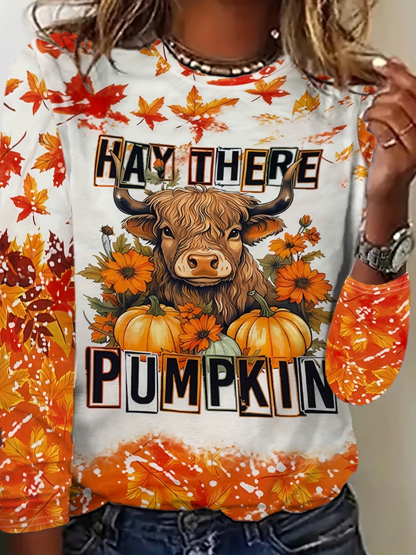 Plus Size Pumpkin & Cattle Print T-Shirt, Casual Crew Neck Long Sleeve Top For Spring & Fall, Women's Plus Size Clothing