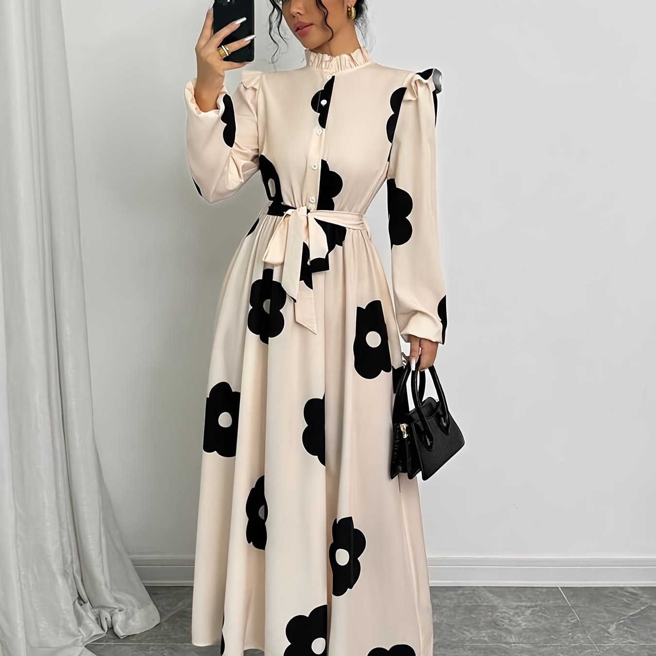 Elegant Floral Print Long Sleeve Dress with Stand Collar and Waist Detail, Polyester A-Line Maxi Dress, with Lantern Sleeves and Ruffle Hem, for Spring/Fall