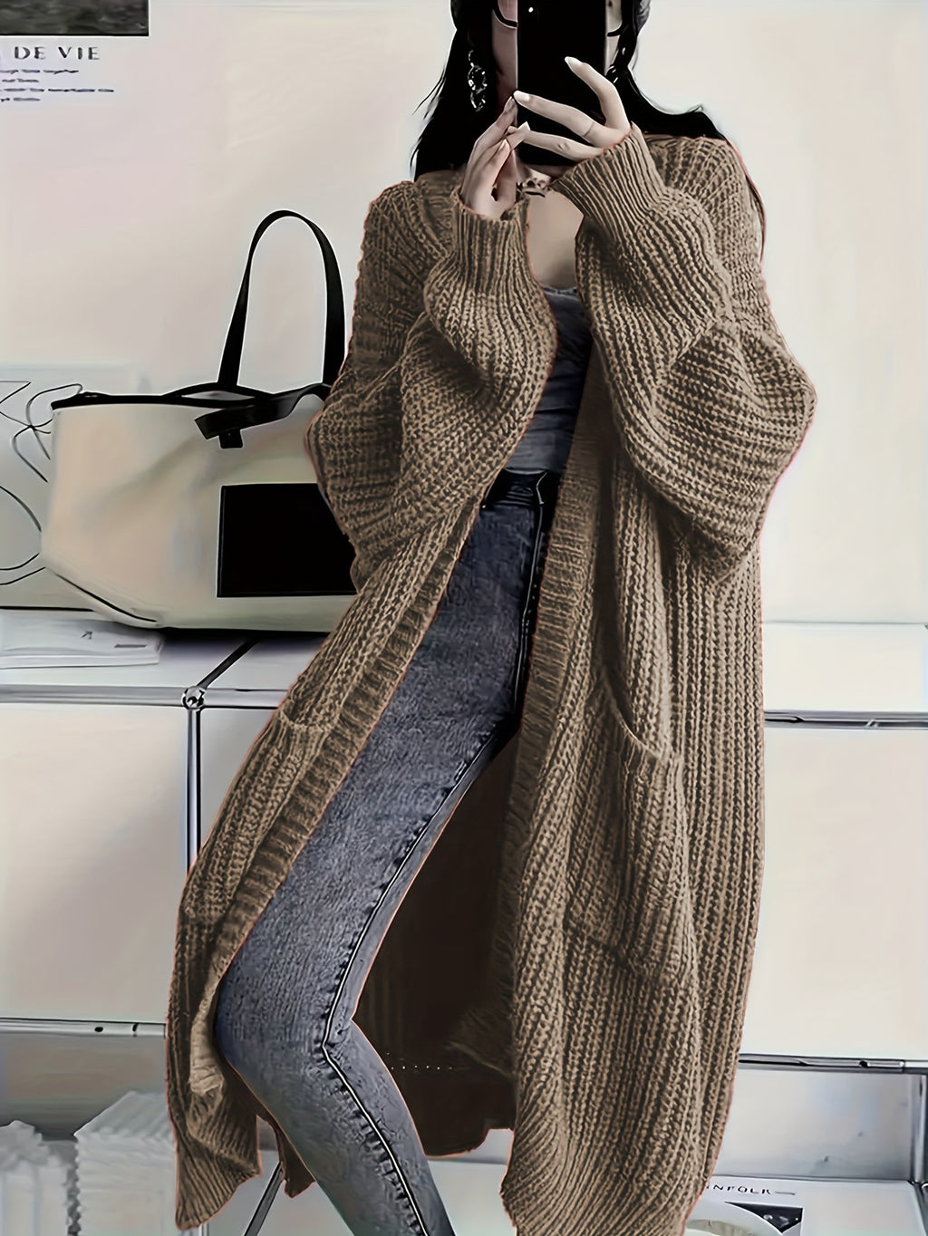 Plus Size Open Front Loose Knit Cardigan, Casual Long Sleeve Long Length Cardigan With Pocket, Women's Plus Size Clothing