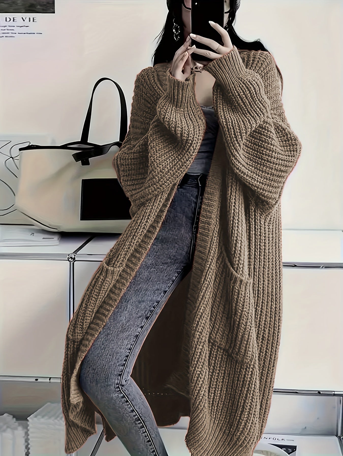 Plus Size Open Front Loose Knit Cardigan, Casual Long Sleeve Long Length Cardigan With Pocket, Women's Plus Size Clothing