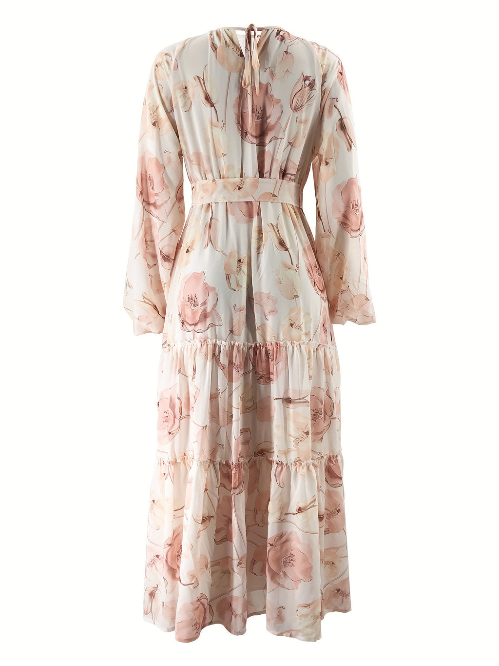 Flawless Floral Print Kaftan Maxi Dress - Flowy Crew Neck, Belted Waist, Luxurious Long Sleeves - A Stylish & Elegant Womens Clothing Choice for All Seasons