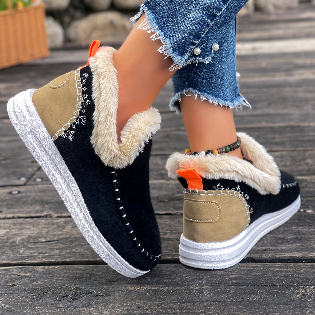 Women'S  Cozy Plush Slip-On Snow Boots with Soft Rubber Sole - Lightweight Warm Winter Boots with Cushioned Insole, Round Toe & Arch Support, Casual Outdoor Shoes for Cold Weather, Black & Brown (Canvas Lining) - Ide
