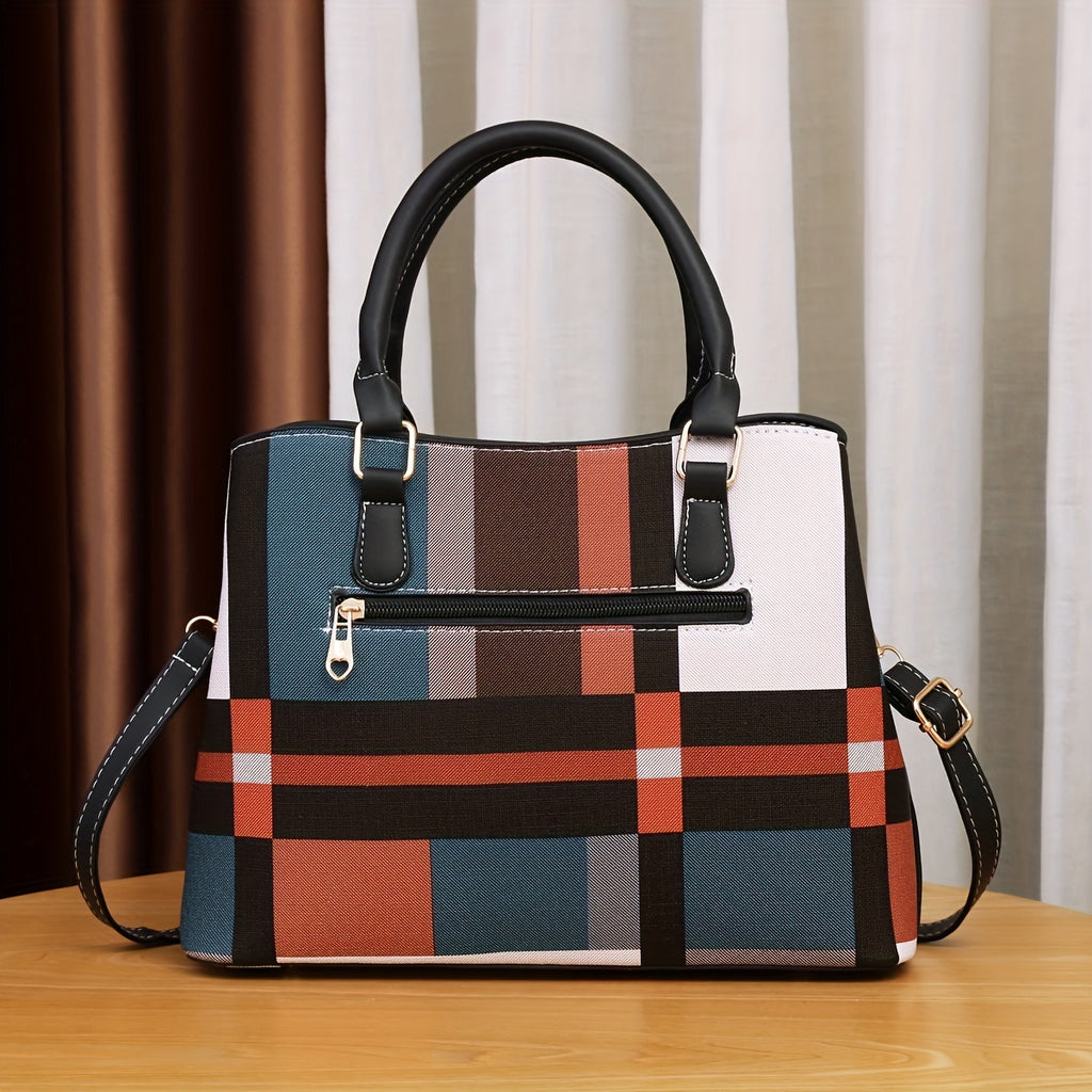Color Stitching Plaid Crossbody Bag, PU Leather Textured Bag Purse, Classic Versatile Fashion Shoulder Bag