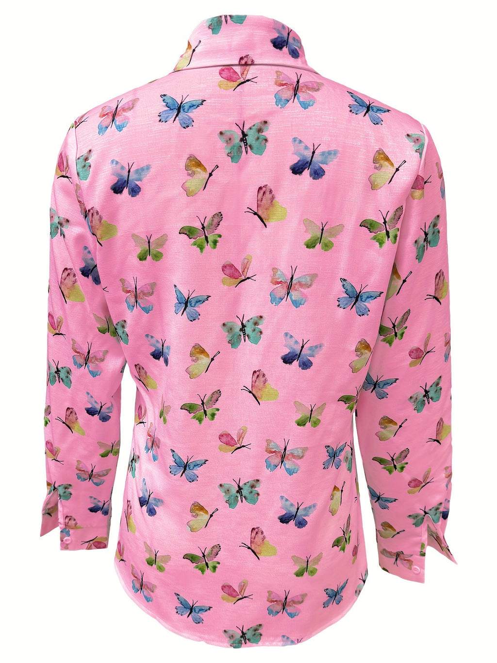 Plus Size Butterfly Print Shirt, Casual Long Sleeve Button Front Shirt For Spring, Women's Plus Size Clothing