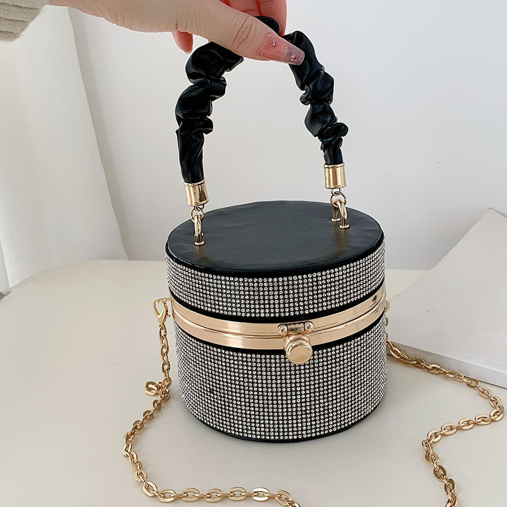 Mini Allover Rhinestone Handbag, Ruched Detail Evening Bucket Bag, Stylish Chain Shoulder Purse For Party (3.9*4.7*4.7) Inch - Rhinestone & Chain Detail - Perfect for Evening Events & Parties - Ideal Gift for Women -  For Car