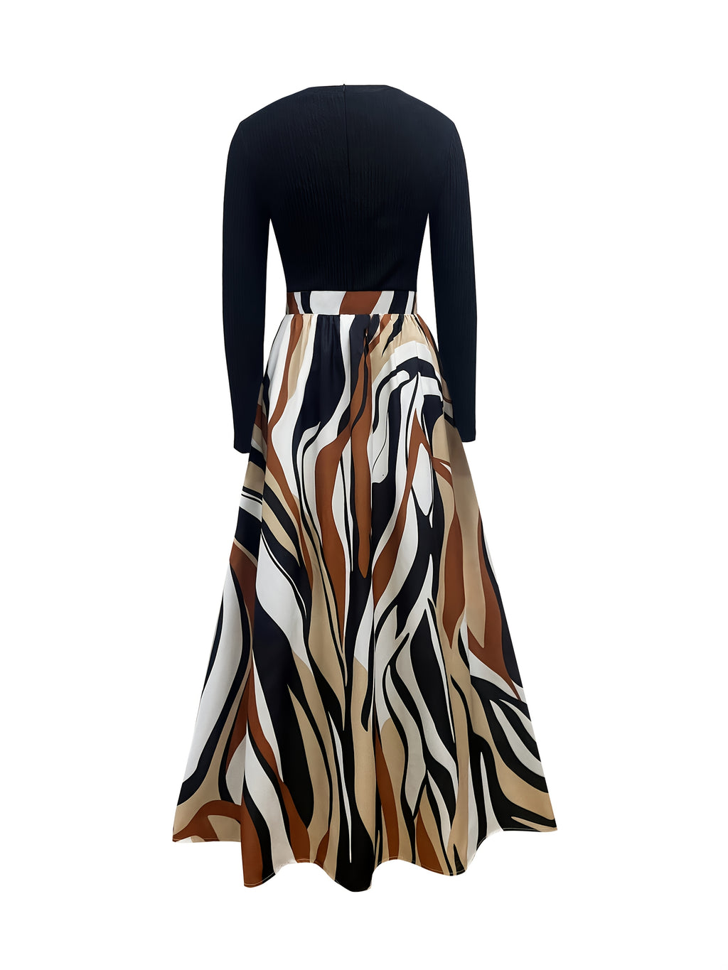 Women's Casual A-Line Dress with Geometric Print & Elastic Waistband - Long Sleeve Round Neck Machine Washable Spring/Fall Dress in Black/Beige/Brown/White, Long Sleeve Maxi Dress, Spring Fashion, Flowing Skirt, Patterned Out
